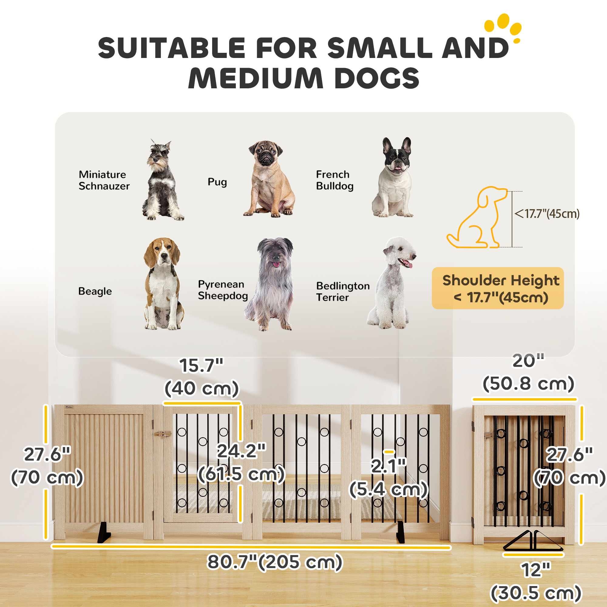 reestanding Dog Gate, Wooden Foldable Pet Gate with 4 Panels, Walk-Through Door, Support Feet, Non-Slip Mats
