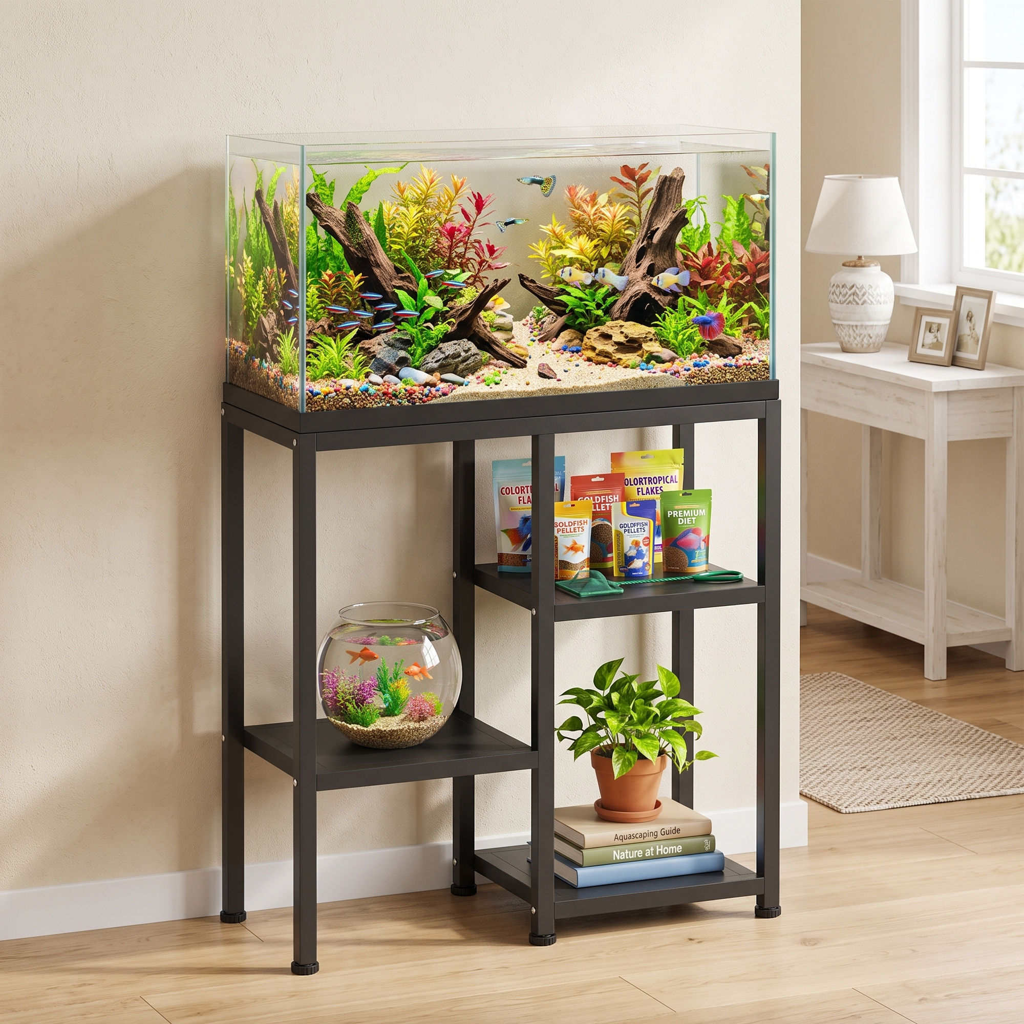 25 Gallon Fish Tank Stand, Metal Aquarium Stand with 3 Tier Storage Shelf, Adjustable Feet for Home Office, Black
