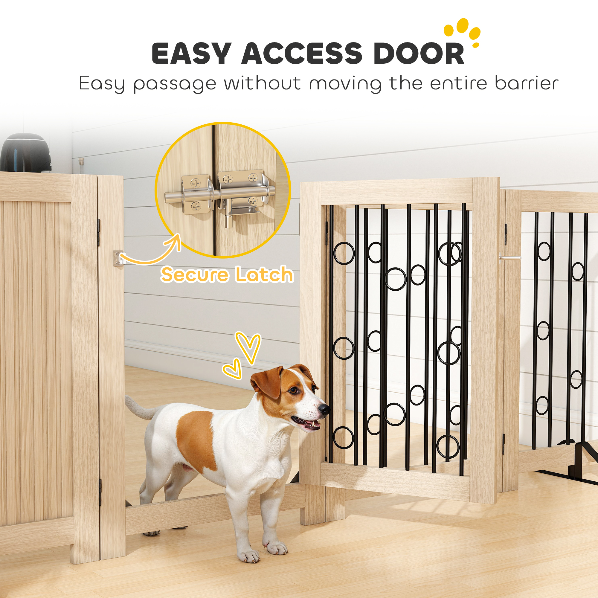 reestanding Dog Gate, Wooden Foldable Pet Gate with 4 Panels, Walk-Through Door, Support Feet, Non-Slip Mats