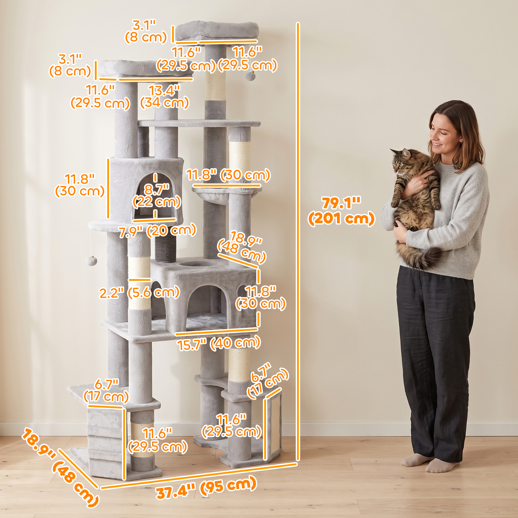 79" Tall Cat Tree for Indoor Large Cats Adult with Split Baseboard, 2 Cat Condos, 2 Beds, 5 Sisal Scratching Posts