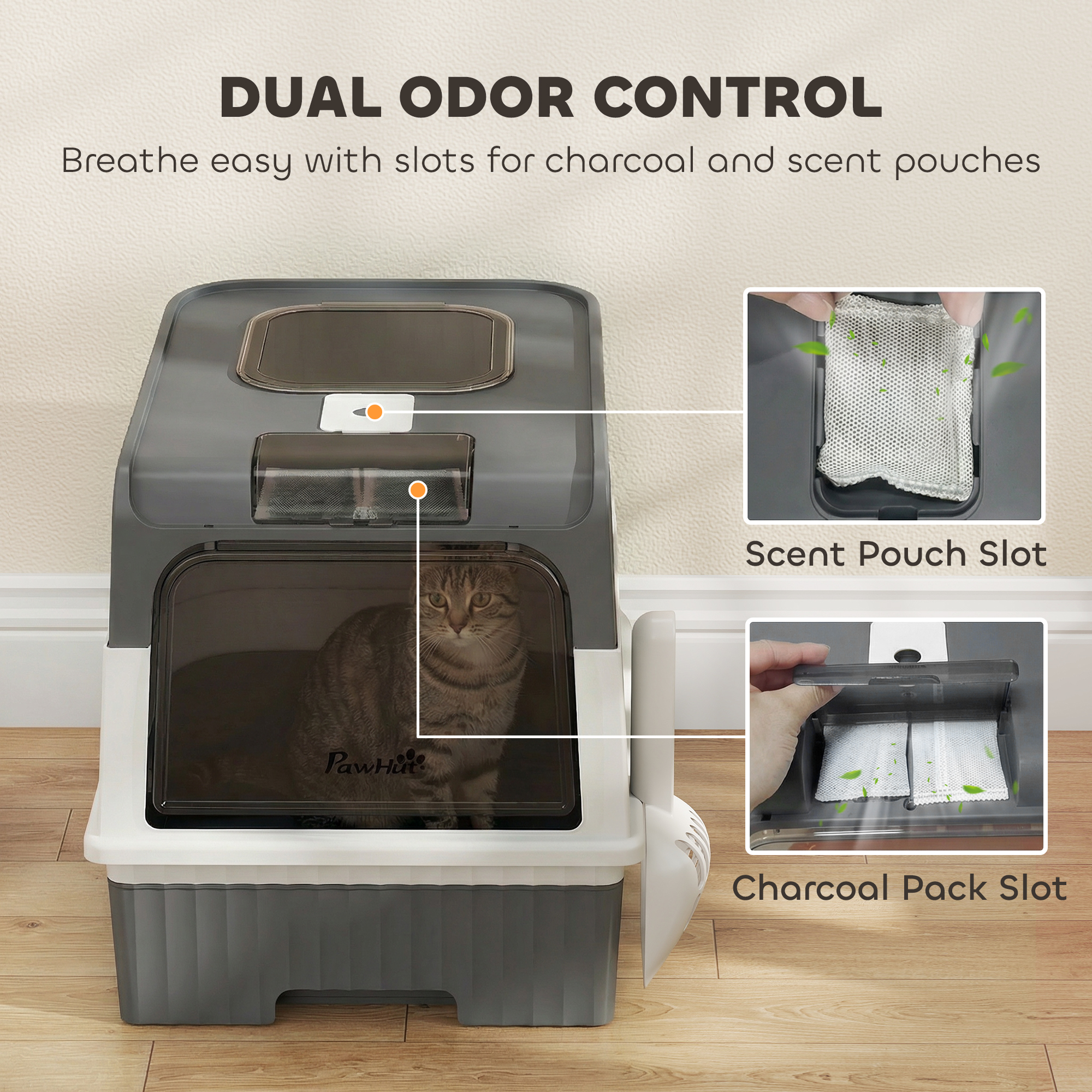 Cat Litter Box with Lid, Enclosed Kitty Litter Box with Pull-Out Drawer Tray, Scoop, 4 Deodorization Bags, Grey