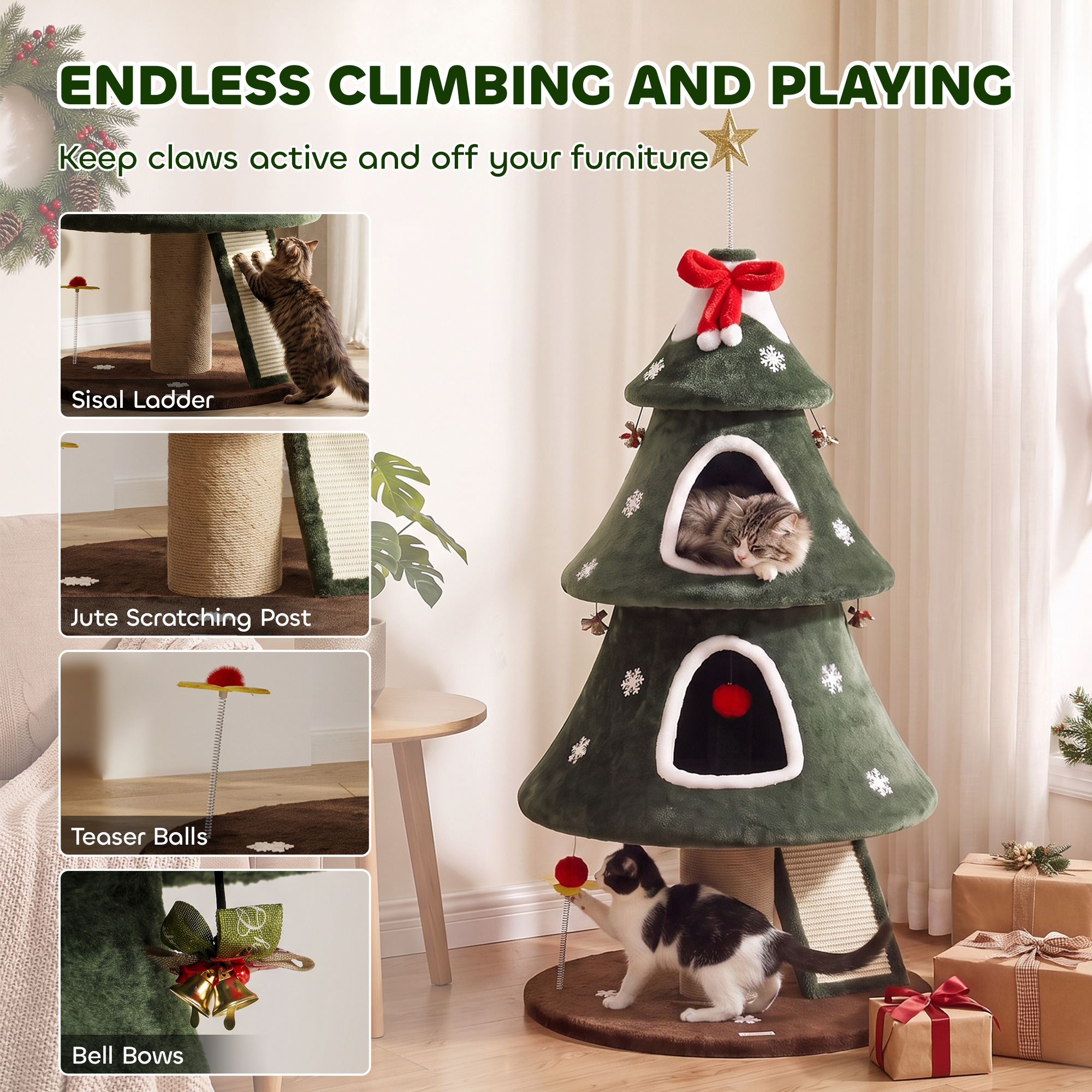 52" Christmas Cat Tree, 2-Tier Cat Tower with Dual Condos, Scratching Posts, Sisal Ladder, Anti-Tip Rope