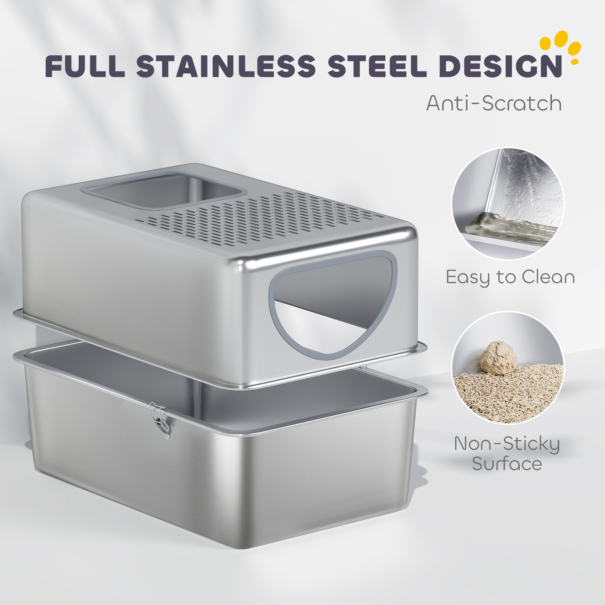 Stainless Steel Cat Litter Box with Lid, Extra Large Enclosed Litter Box with Top Litter-Catching Holes, Scoop, Silver