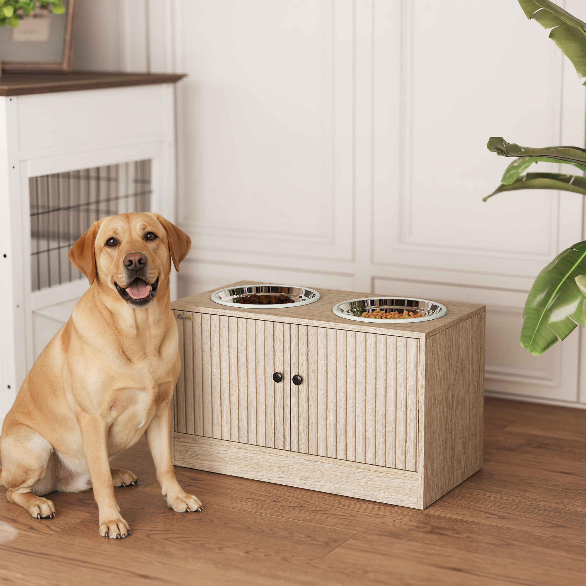 Raised Dog Bowls with Storage, Slow Feeder, 2 Stainless Steel Food and Water Bowl Non-Slip, Oak