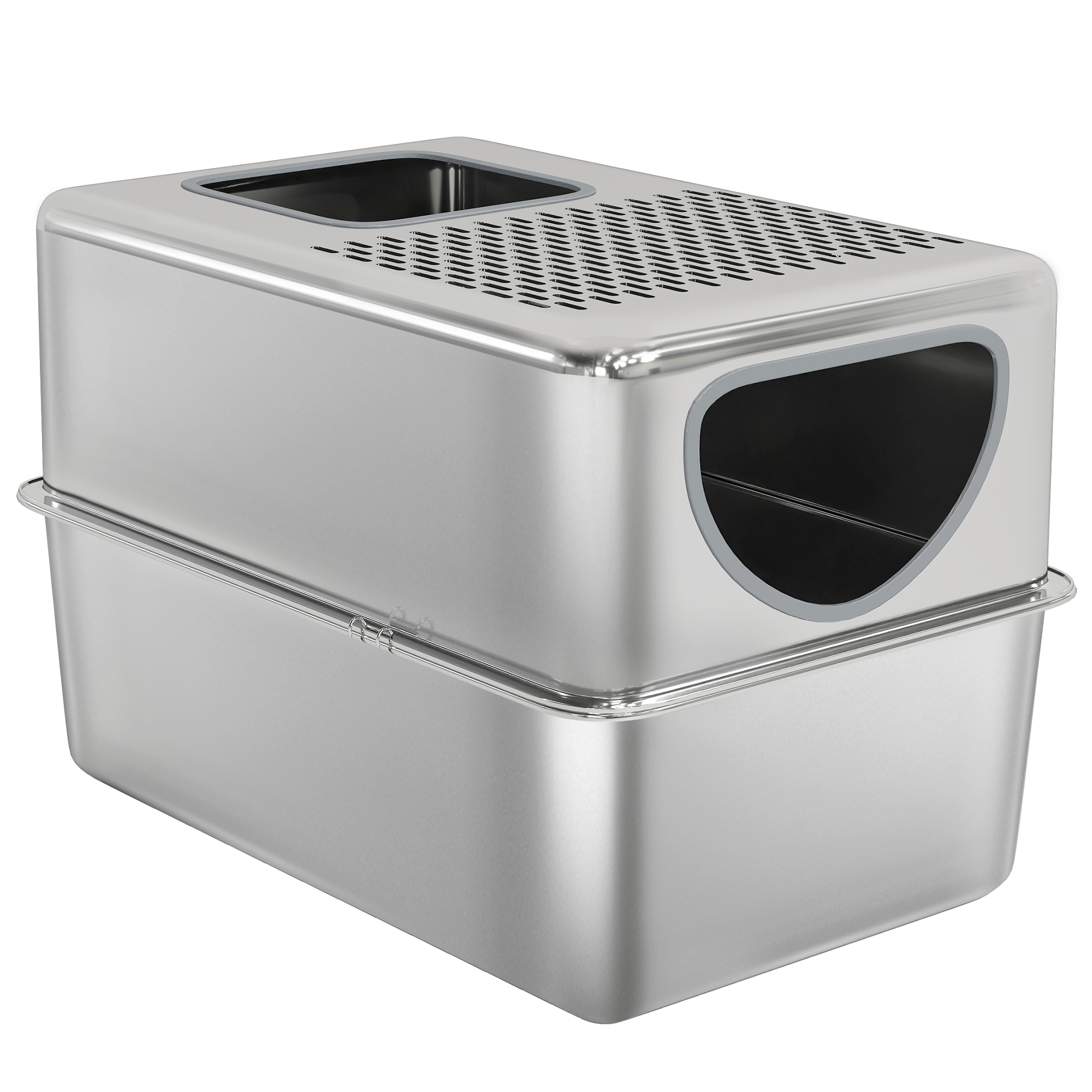 Stainless Steel Cat Litter Box with Lid, Extra Large Enclosed Litter Box with Top Litter-Catching Holes, Scoop, Silver