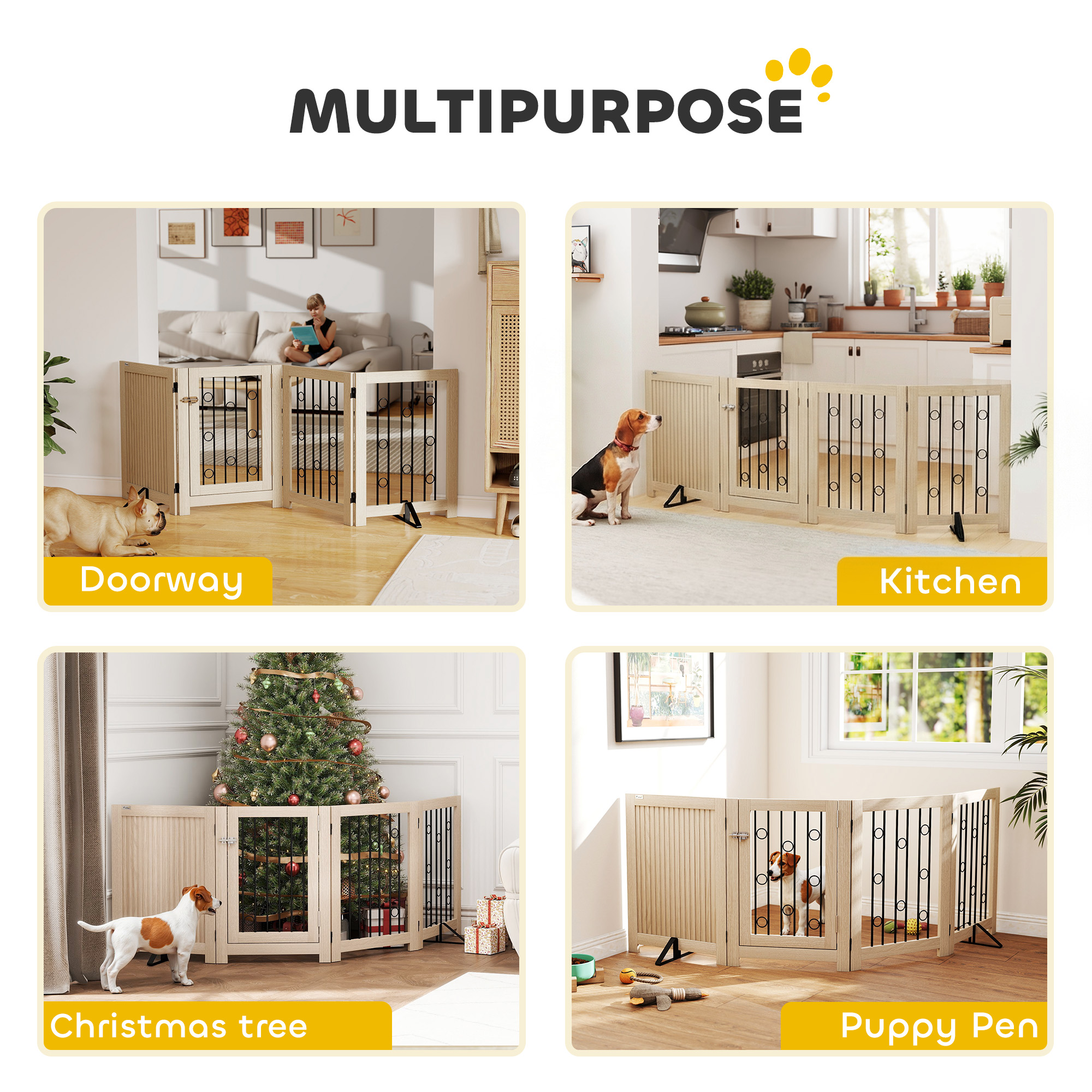 reestanding Dog Gate, Wooden Foldable Pet Gate with 4 Panels, Walk-Through Door, Support Feet, Non-Slip Mats
