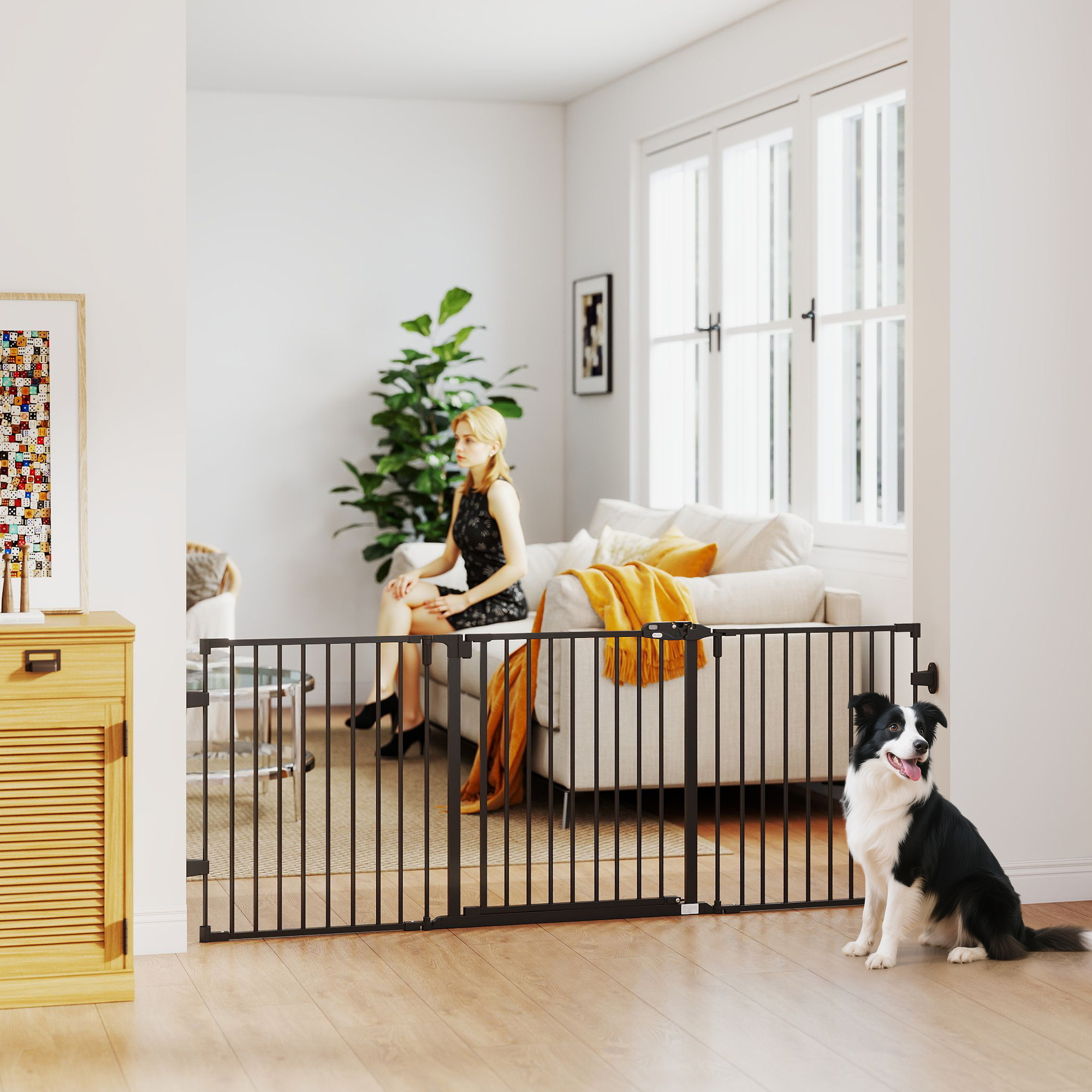 Foldable Dog Gate with Door, 3 Panel Metal Pet Gate for Stairs, Doorways and Fireplace, Auto-Close Safety Gate, Black