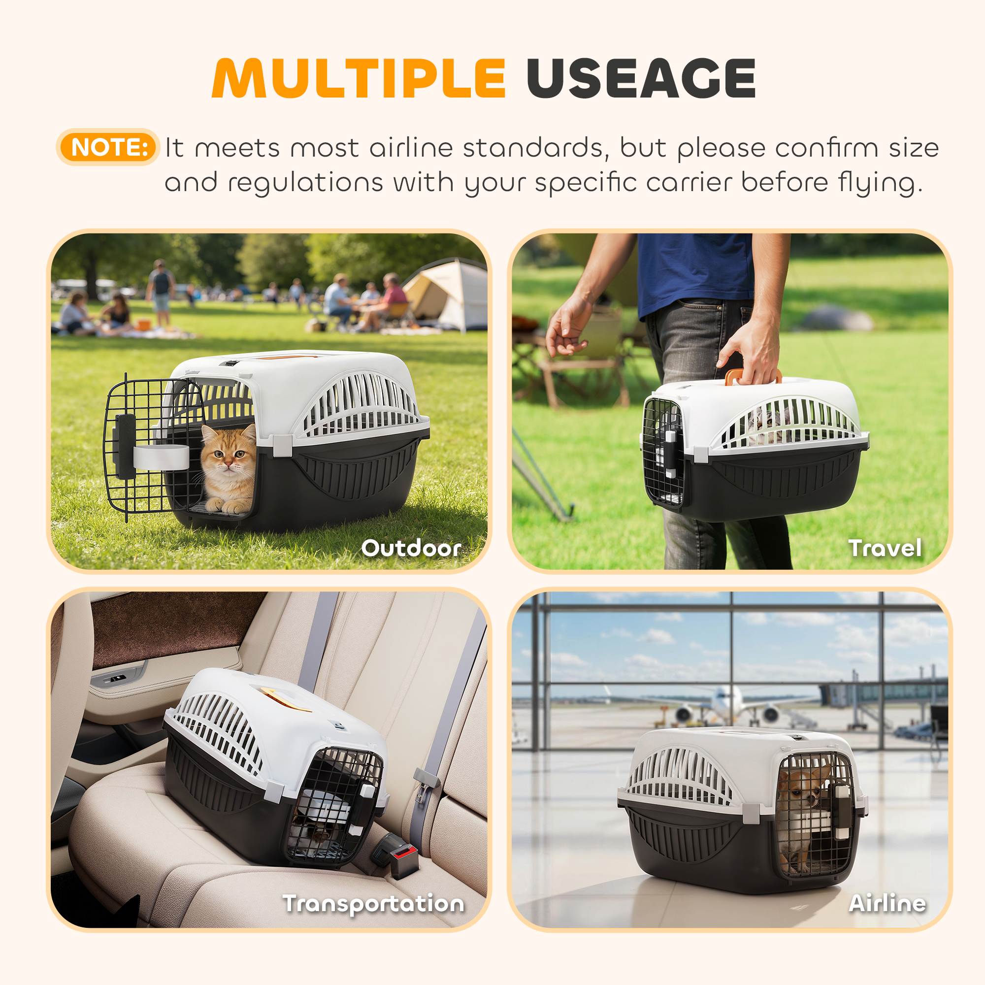 Airline Approved Pet Carrier for Mini Dogs and Cats with Steel Wire Door, Water Bowl, for Car, Airplane, Outdoor, Balck