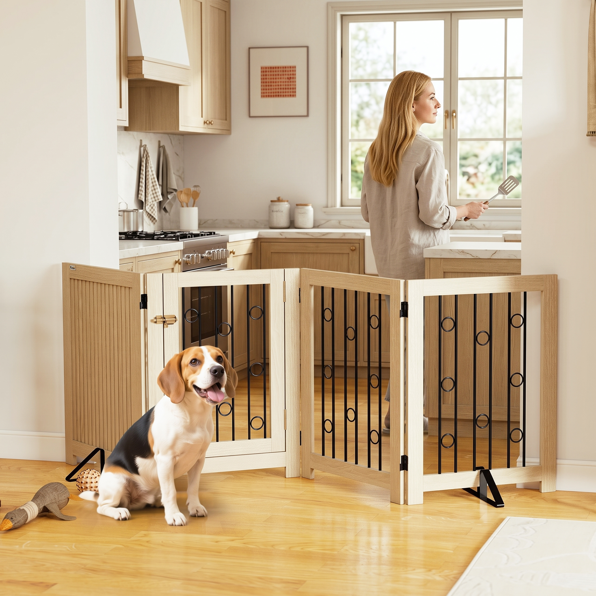 reestanding Dog Gate, Wooden Foldable Pet Gate with 4 Panels, Walk-Through Door, Support Feet, Non-Slip Mats