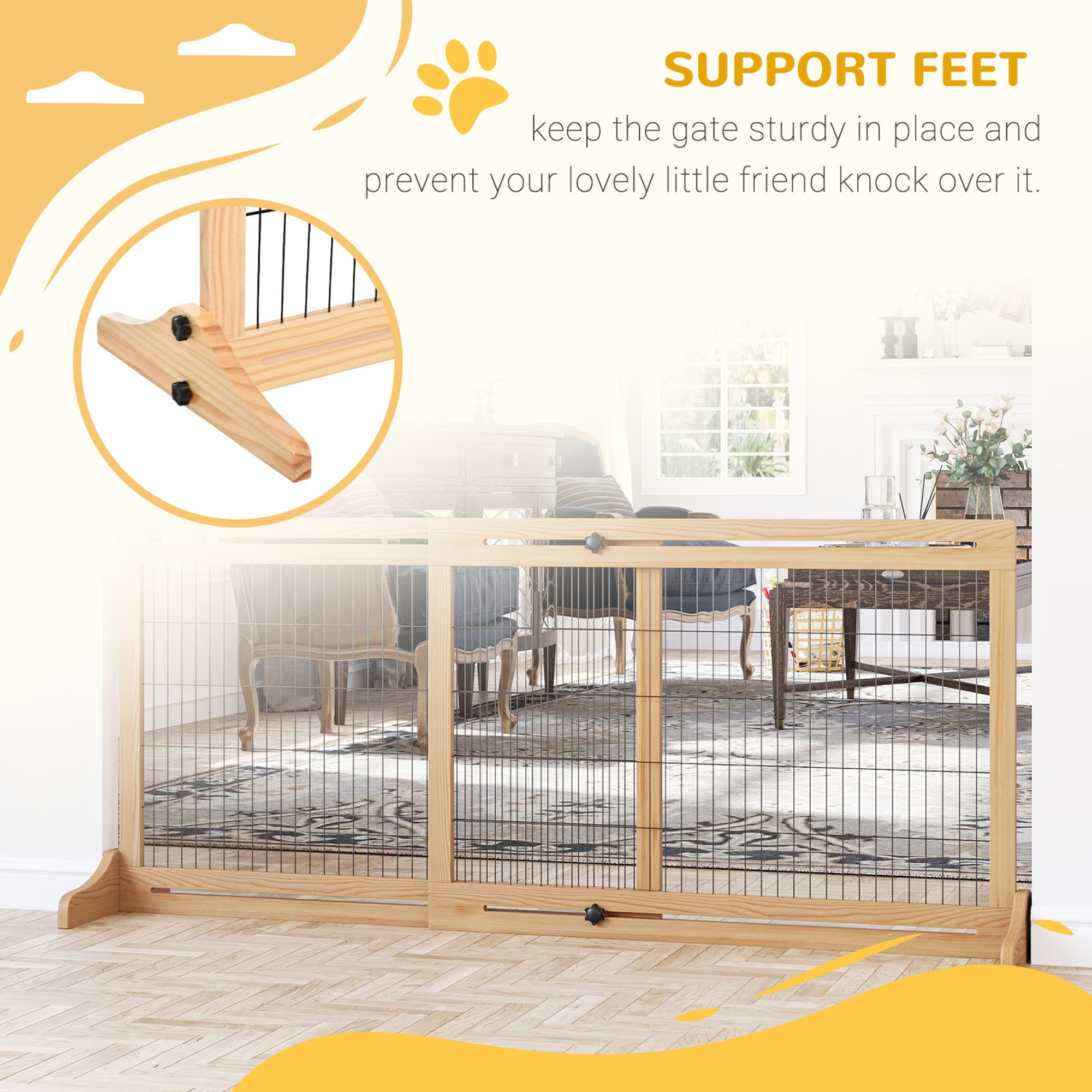 41"-71" Wooden Freestanding Pet Gate with Support Feet, for Small Medium Dogs, Natural