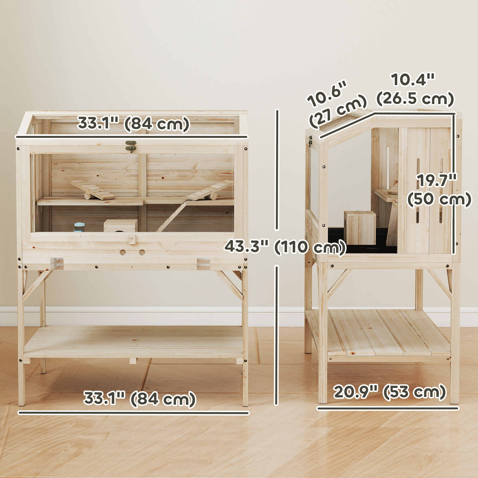 Wooden Hamster Cage with Openable Top, Water Bottle, Transparent Panels for Syrian, Dwarf Hamsters and Gerbils, Natural
