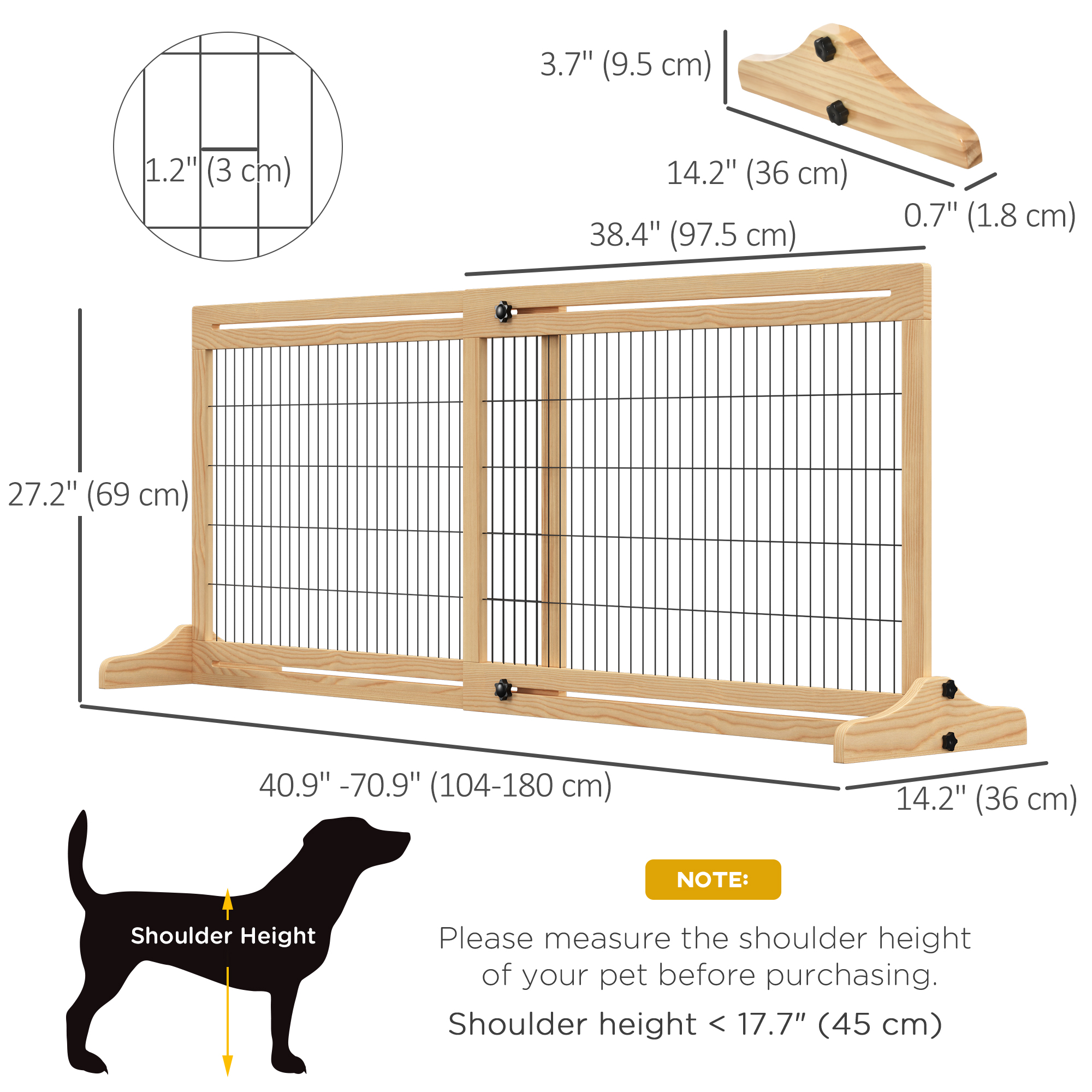 41"-71" Wooden Freestanding Pet Gate with Support Feet, for Small Medium Dogs, Natural