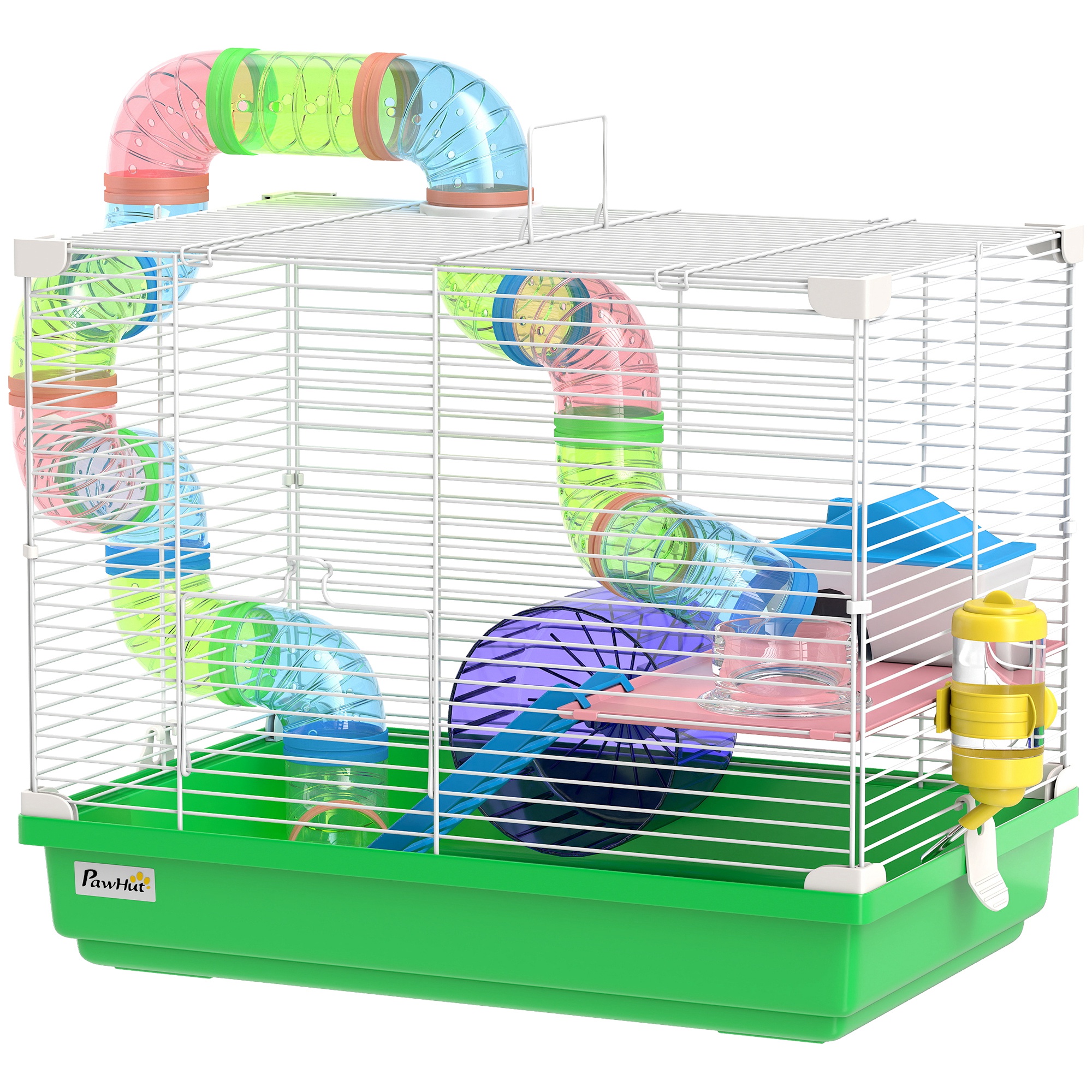18"L Hamster Cage, Small Animal House, 2-Level Rat Gerbil Haven with Tunnel Tube System, Green