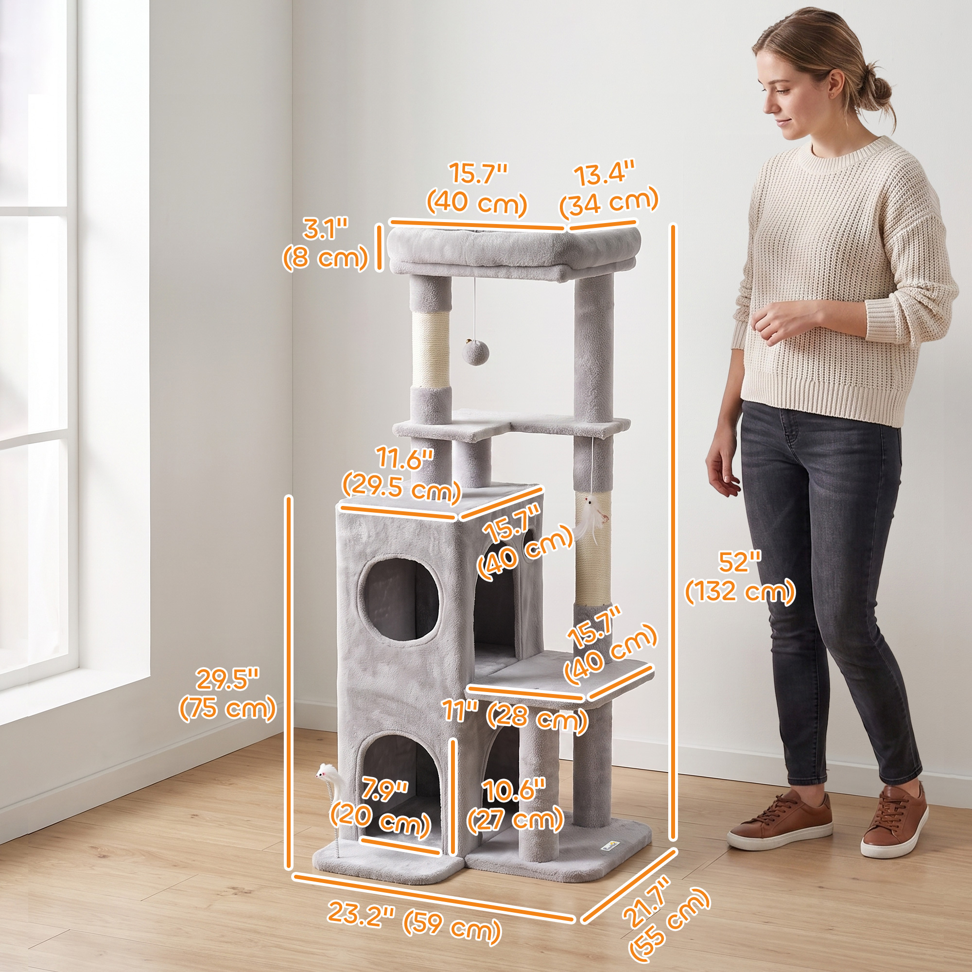52" Cat Tree, Multi-Level Large Cat Tower House with 2-Tier Condo, Bed, Sisal Scratching Posts, Light Grey