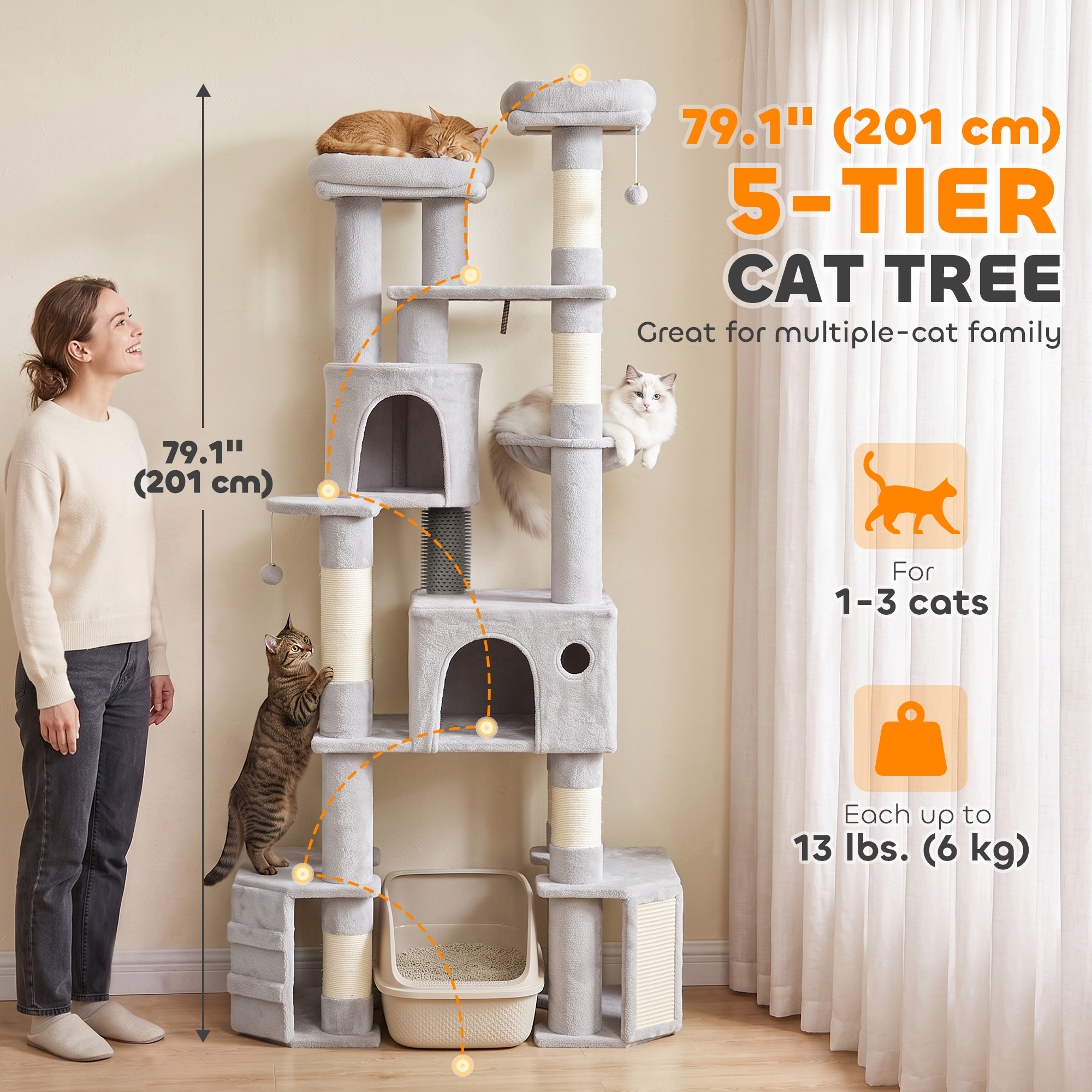 79" Tall Cat Tree for Indoor Large Cats Adult with Split Baseboard, 2 Cat Condos, 2 Beds, 5 Sisal Scratching Posts