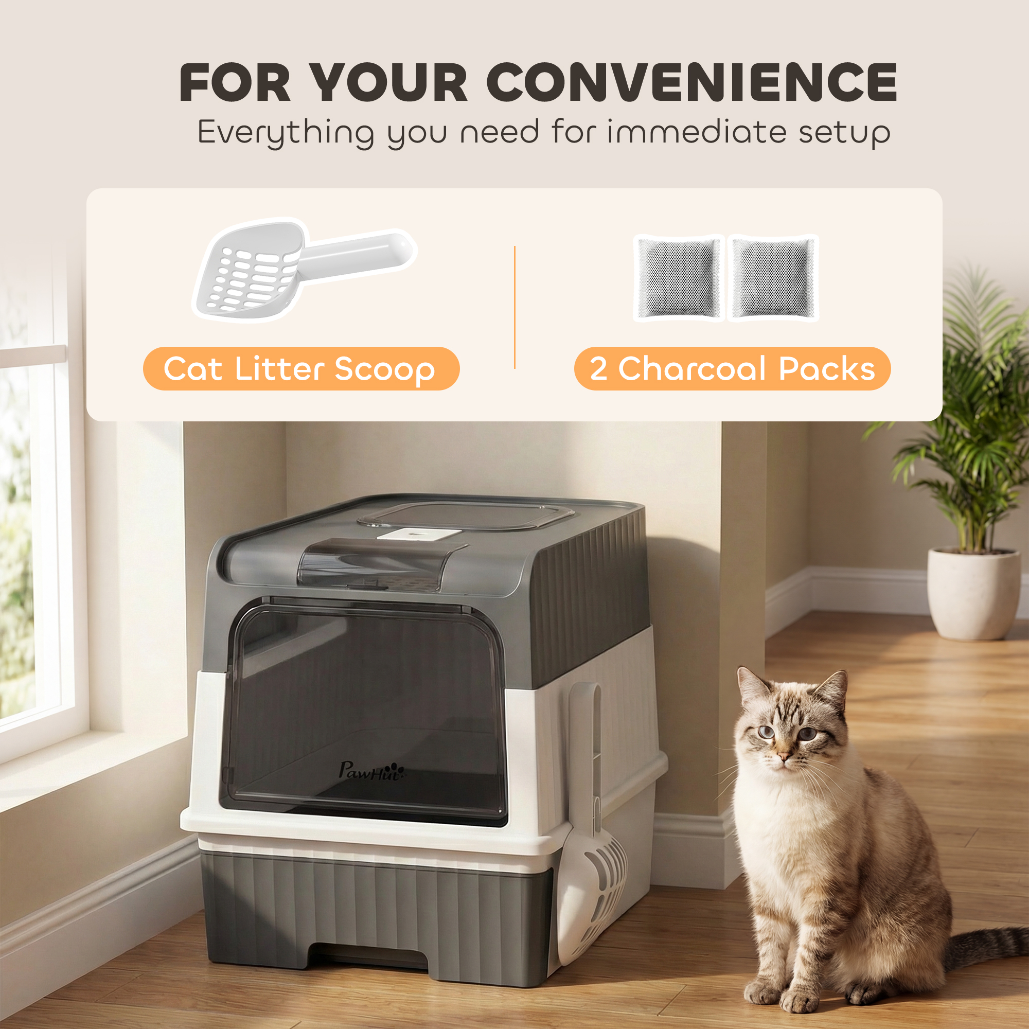 Cat Litter Box with Lid, Enclosed Kitty Litter Box with Pull-Out Drawer Tray, Scoop, 2 Deodorization Bags, Grey