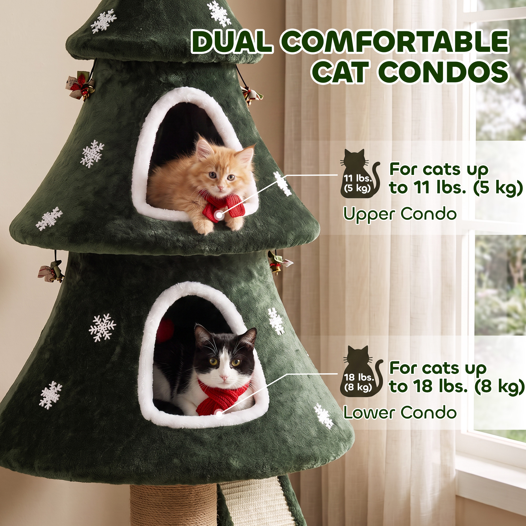 52" Christmas Cat Tree, 2-Tier Cat Tower with Dual Condos, Scratching Posts, Sisal Ladder, Anti-Tip Rope