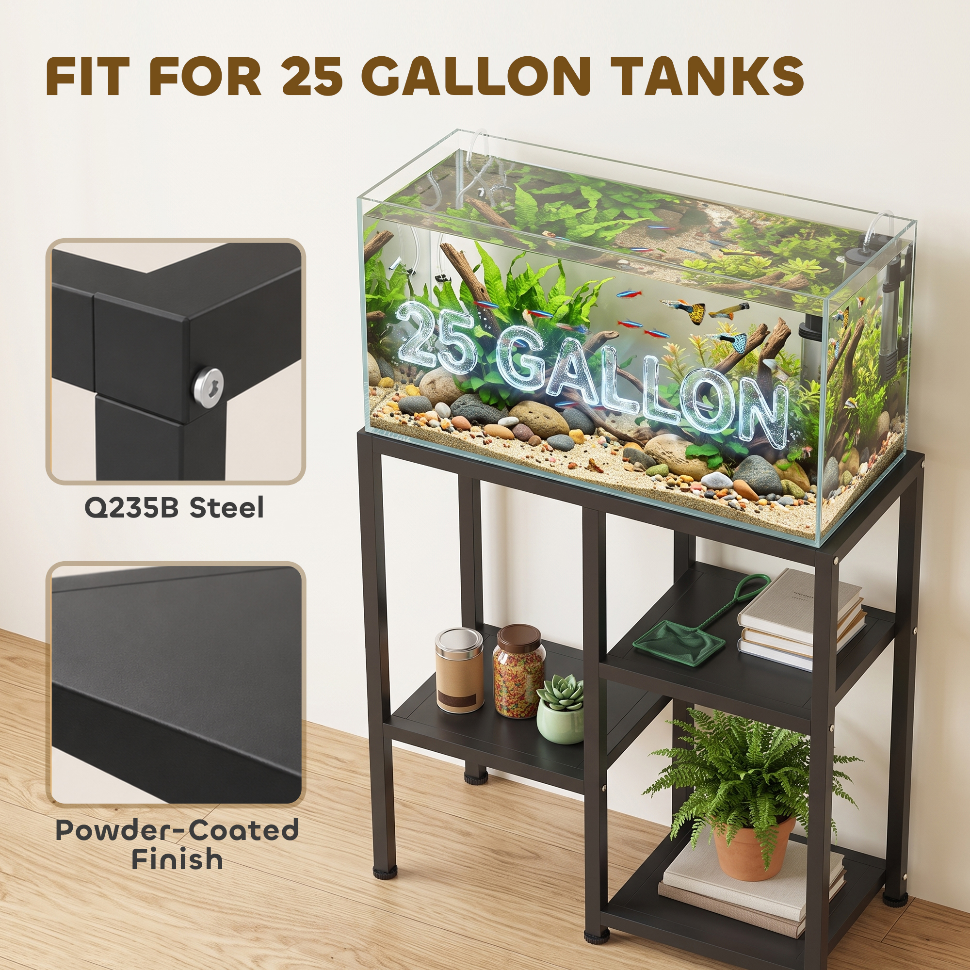25 Gallon Fish Tank Stand, Metal Aquarium Stand with 3 Tier Storage Shelf, Adjustable Feet for Home Office, Black