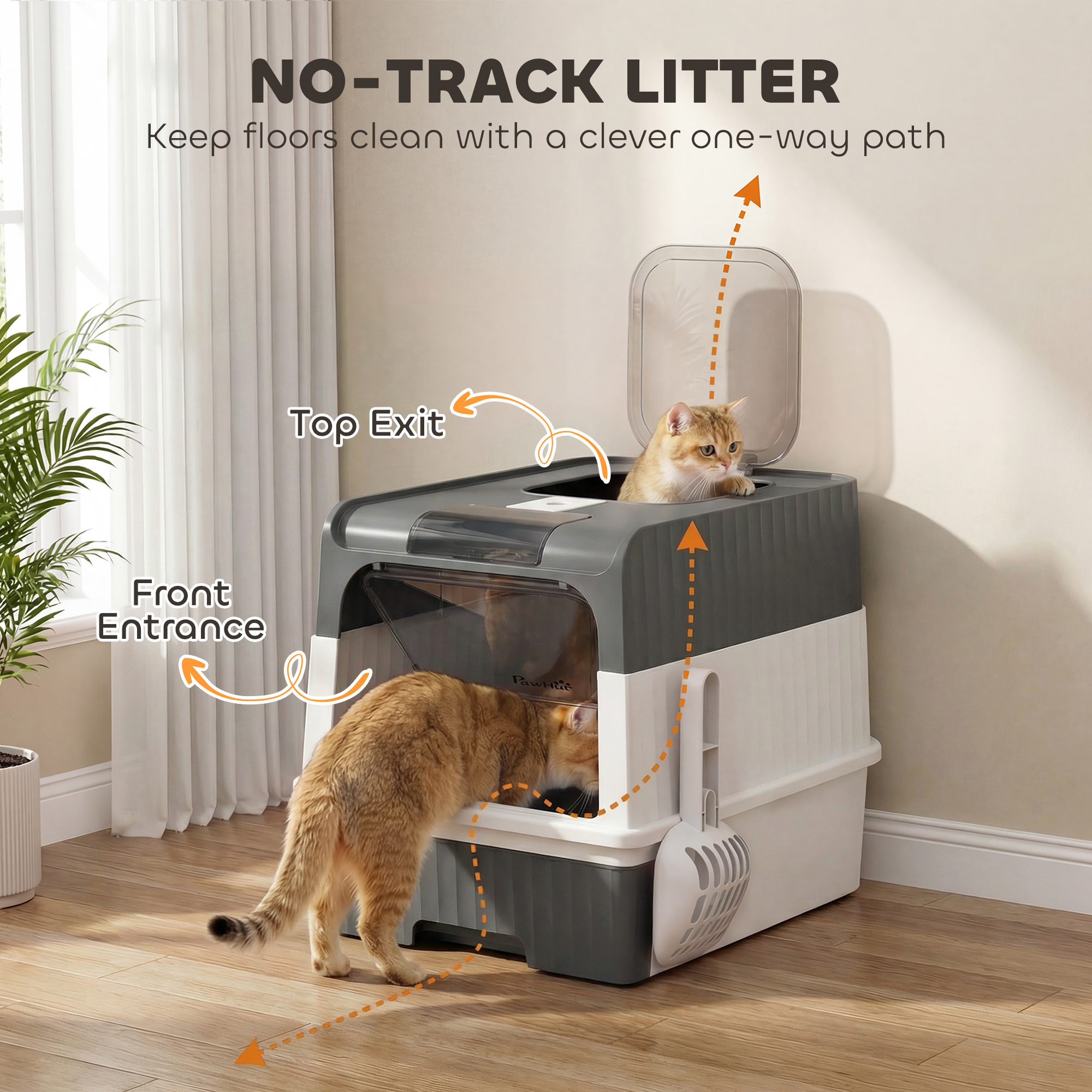 Cat Litter Box with Lid, Enclosed Kitty Litter Box with Pull-Out Drawer Tray, Scoop, 4 Deodorization Bags, Grey