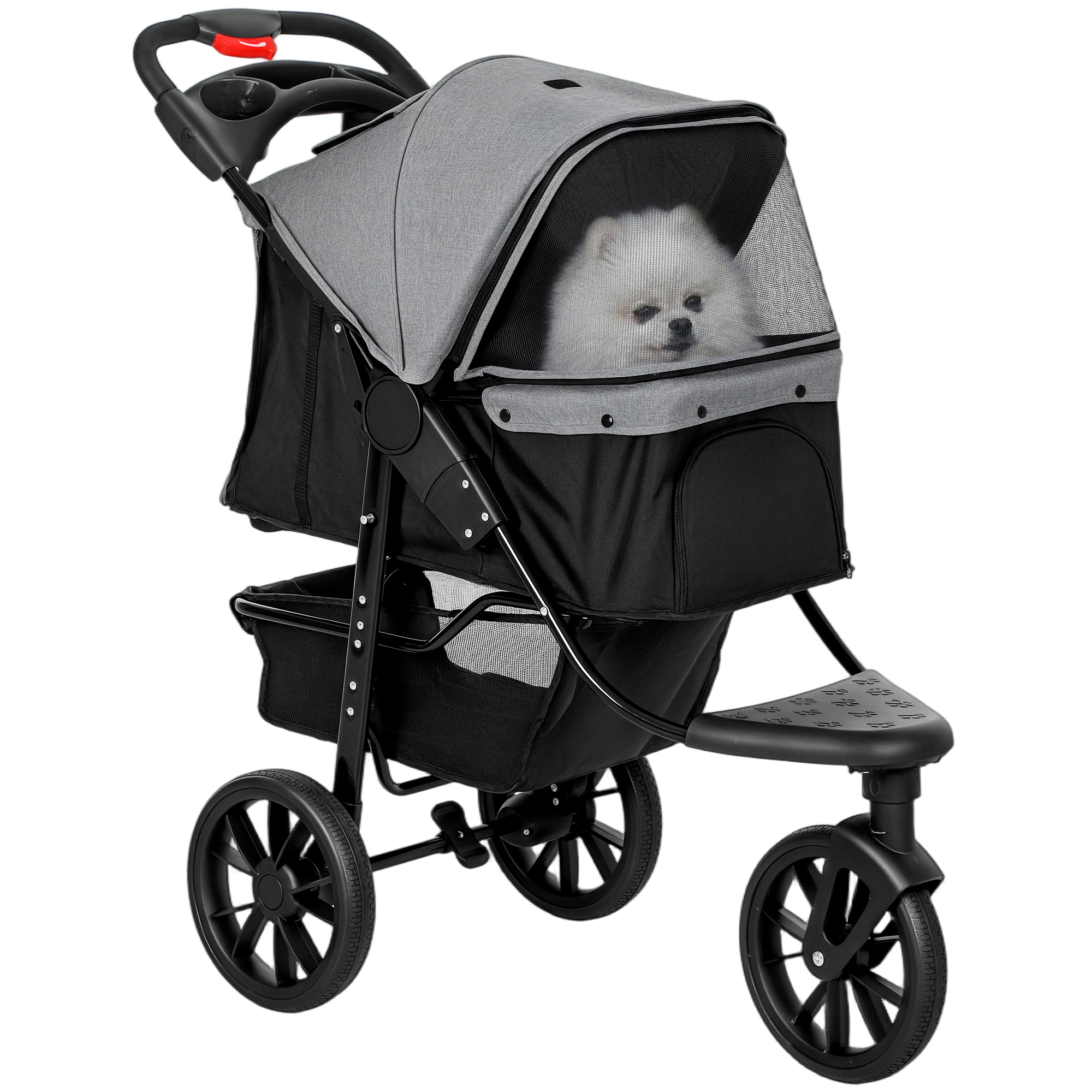 3 Wheel Folding Dog Stroller, Travel Carrier with Adjustable Canopy, Storage Brake, Mesh Window for S&M Dogs Grey