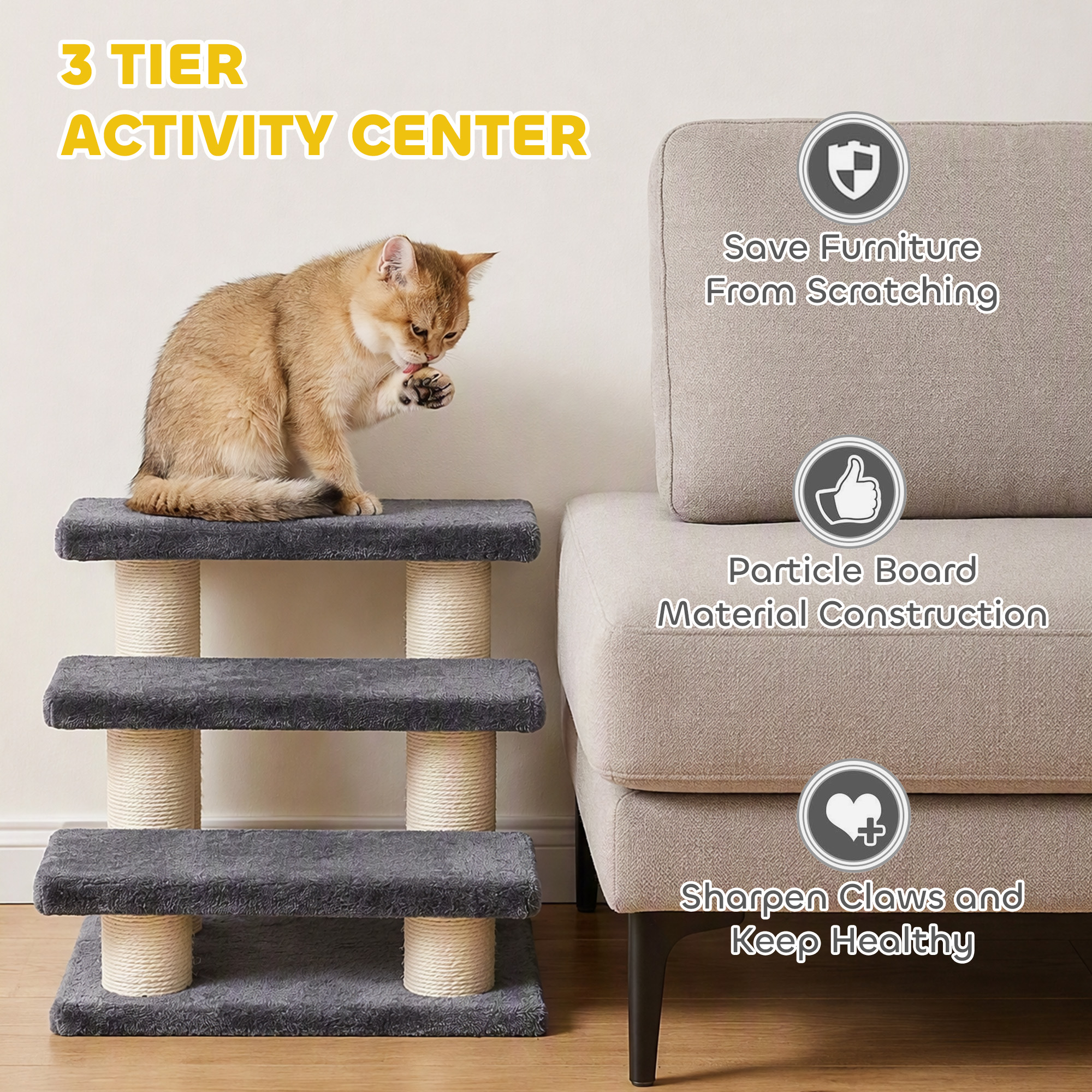 Cat Trees 3 Tier Pet Stairs Dog Cat 3 Steps Kitty Scratching Post Cat Scratch Furniture Dark Grey