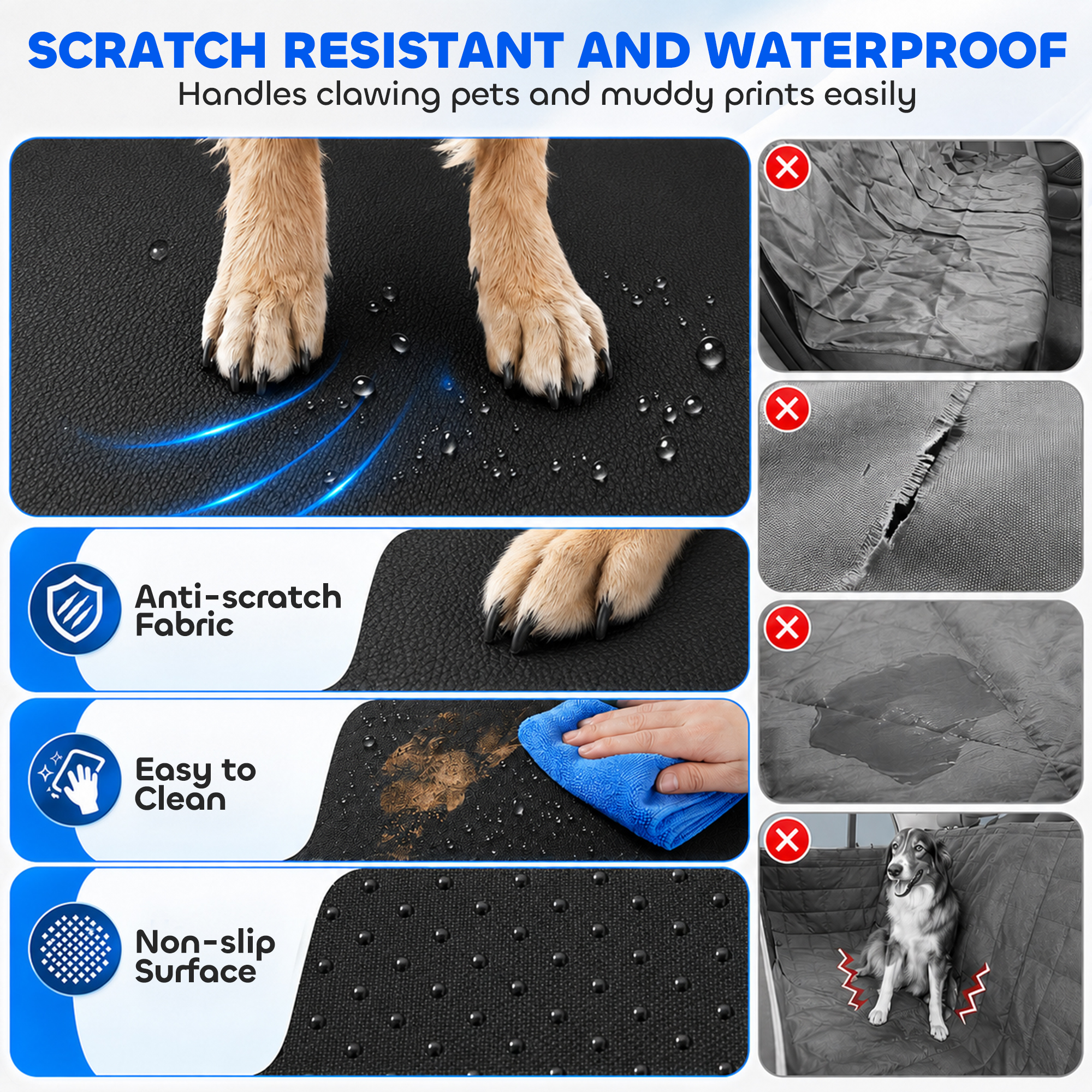 Dog Car Seat Cover, Hard Bottom Back Seat Extender for Pets, Waterproof Dog Hammock w/ Mesh Window & Pockets