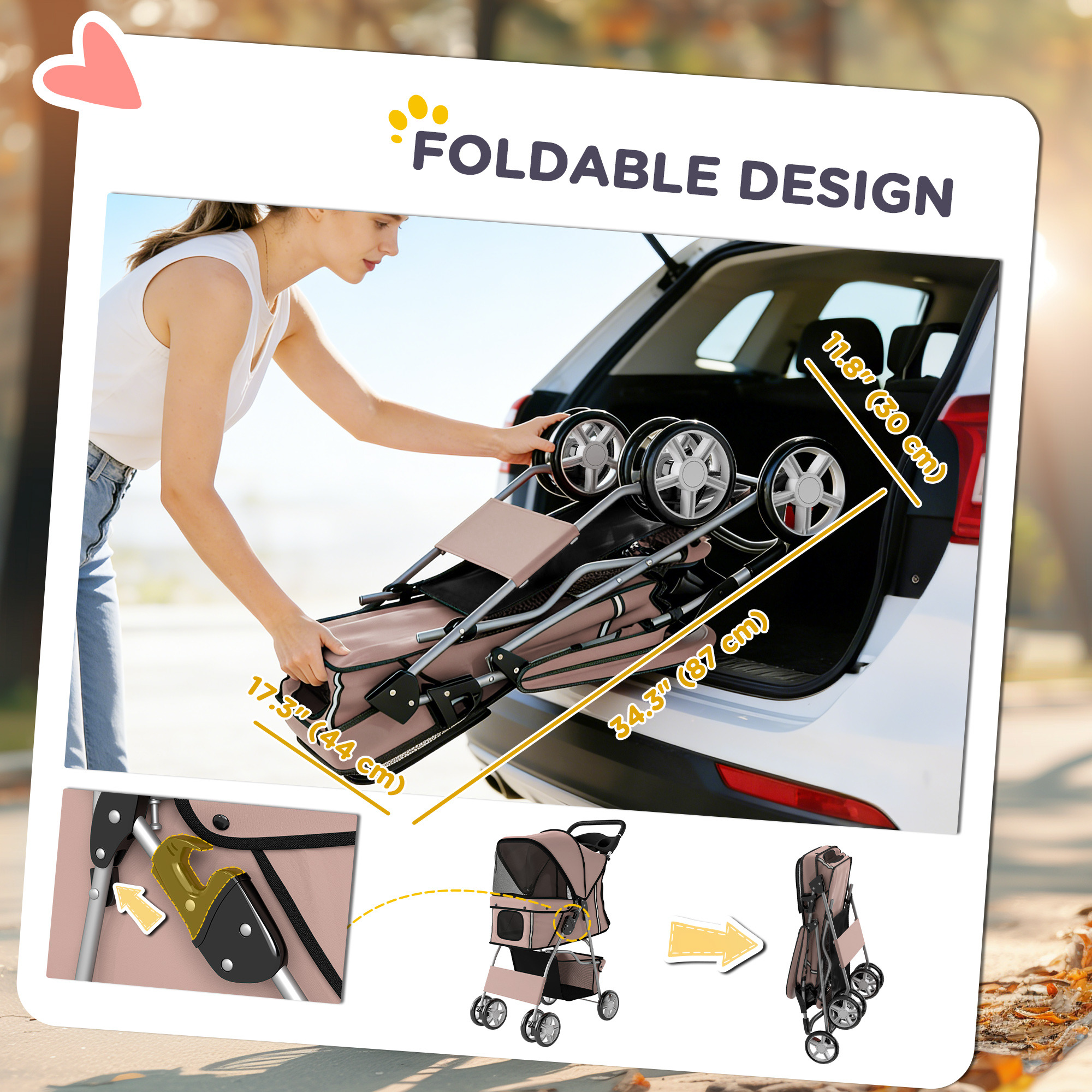 Pet Stroller for Dogs & Cats, Foldable Dog Stroller with Wheels, Reflective Strips, Brake, Pad and Basket, Coffee