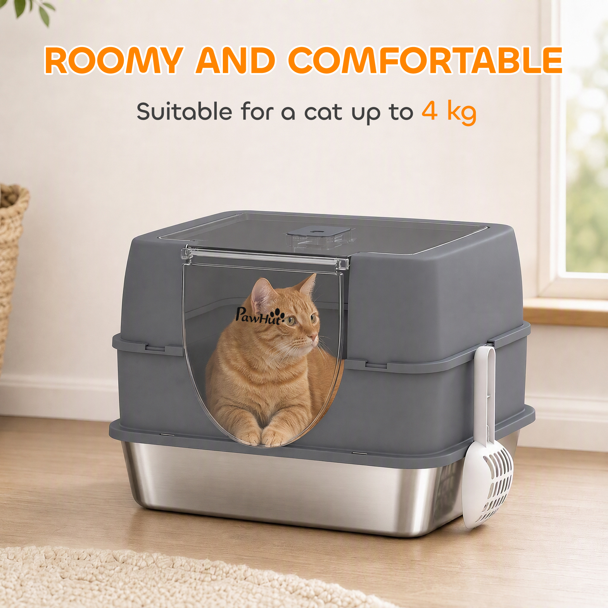 Stainless Steel Cat Litter Box with Lid, High Sided Enclosed Litter Box with Removable Lid, Tray, Scoop