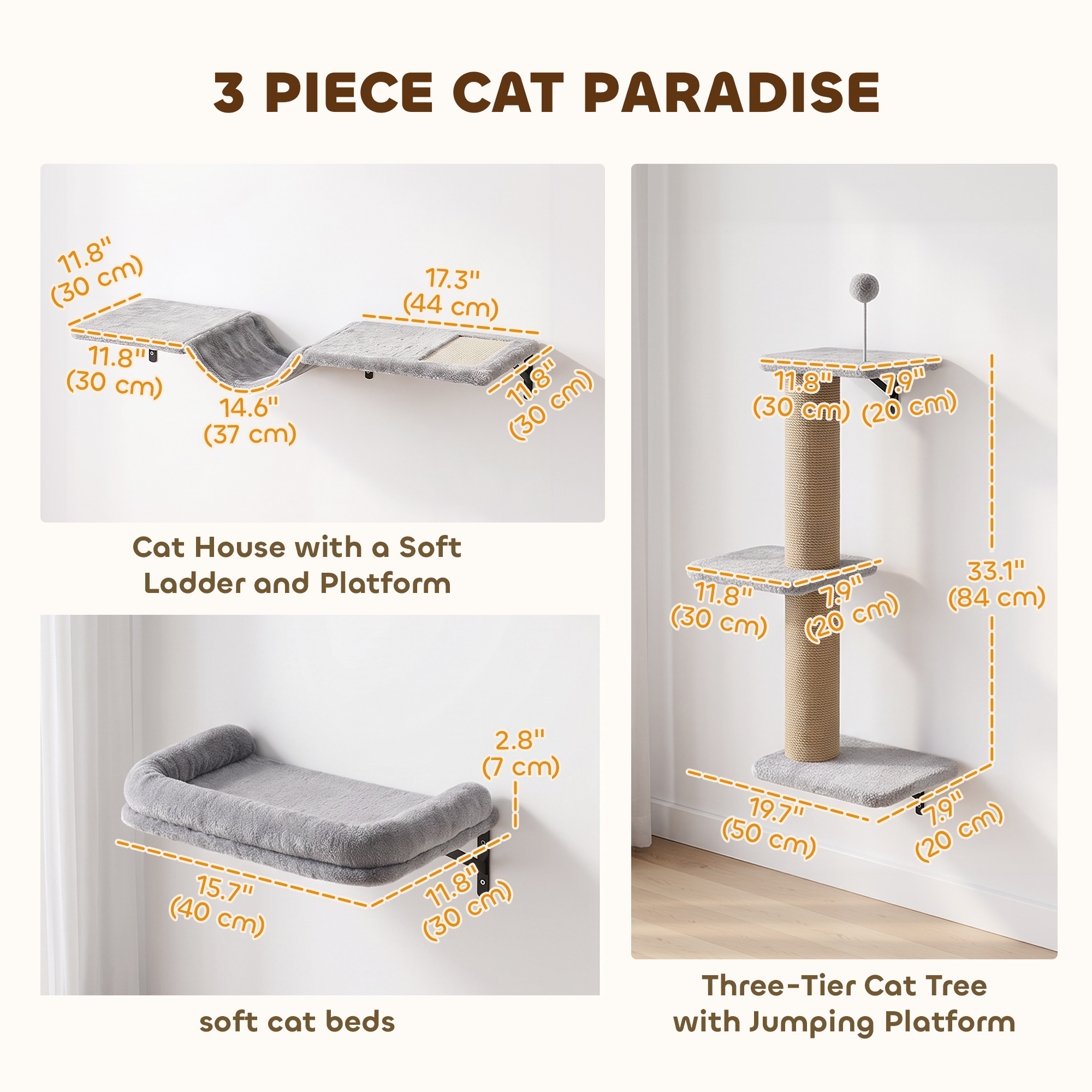 Cat Wall Shelves, 3-in-1 Wall-Mounted Cat Climber Set w/ Bed, Platforms, Hammock, Scratching Posts and Spring Ball