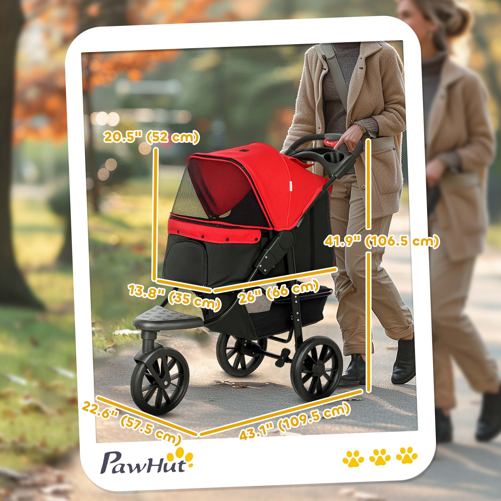 3 Wheel Folding Dog Stroller, Travel Carrier with Adjustable Canopy, Storage Brake, Mesh Window for S&M Dogs, Red