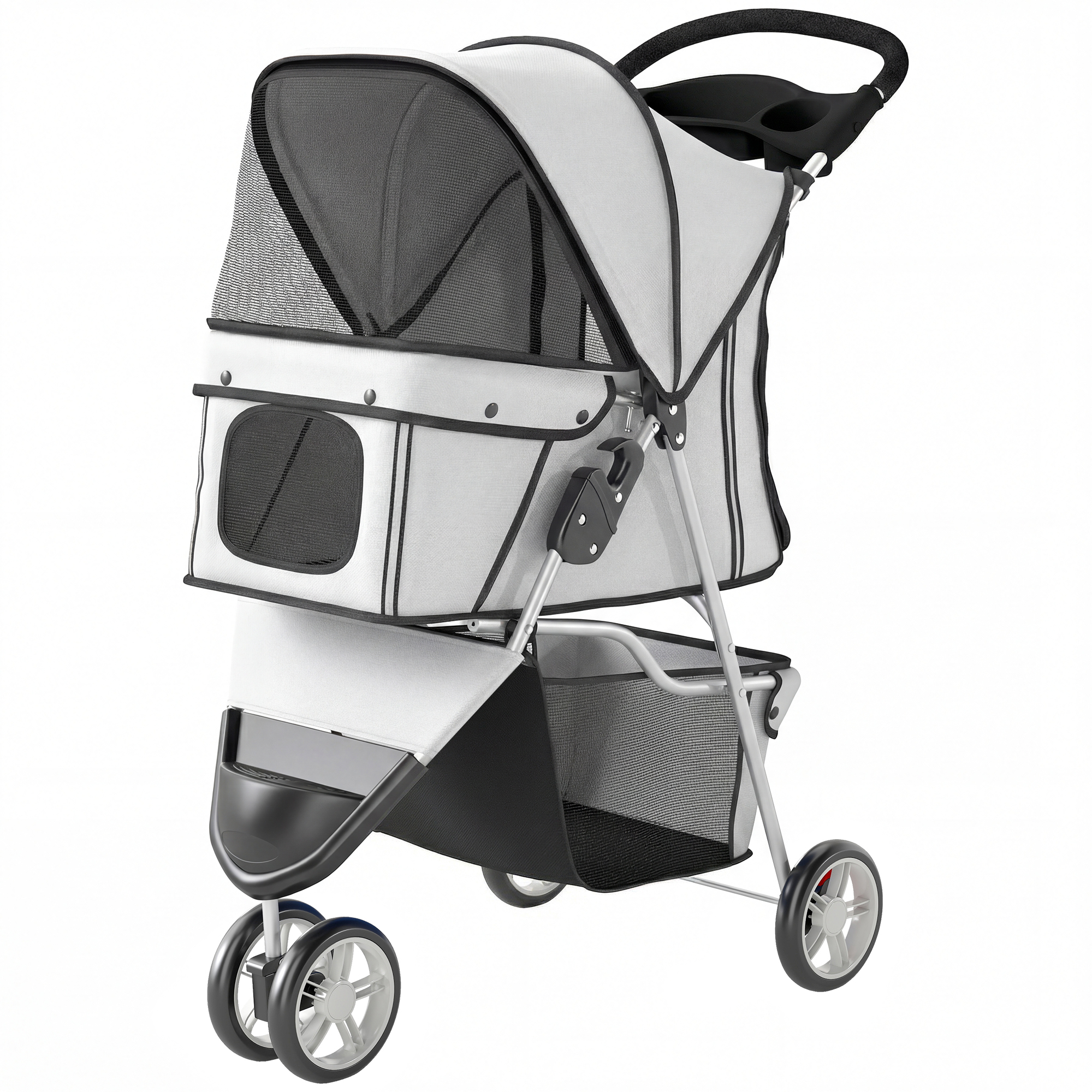 3 Wheels Foldable Dog Stroller with Storage Basket, Adjustable Canopy, Cupholder for Miniature and Small Dogs, Grey