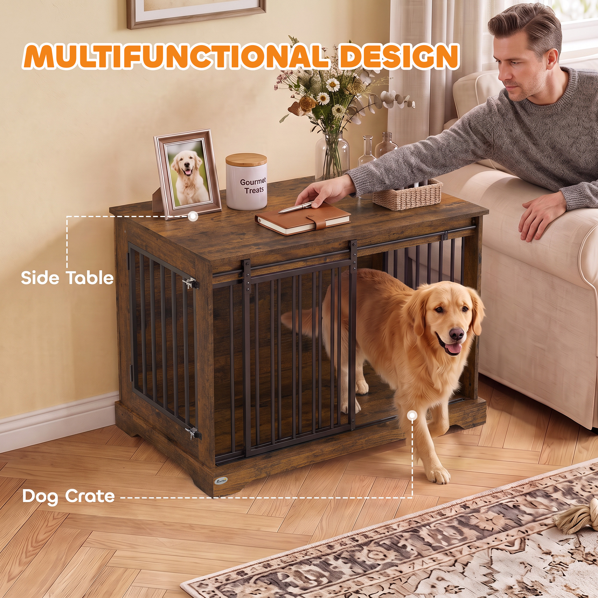 100 cm Dog Crate Furniture with Sliding Barn Door for Large Breeds, Rustic Brown
