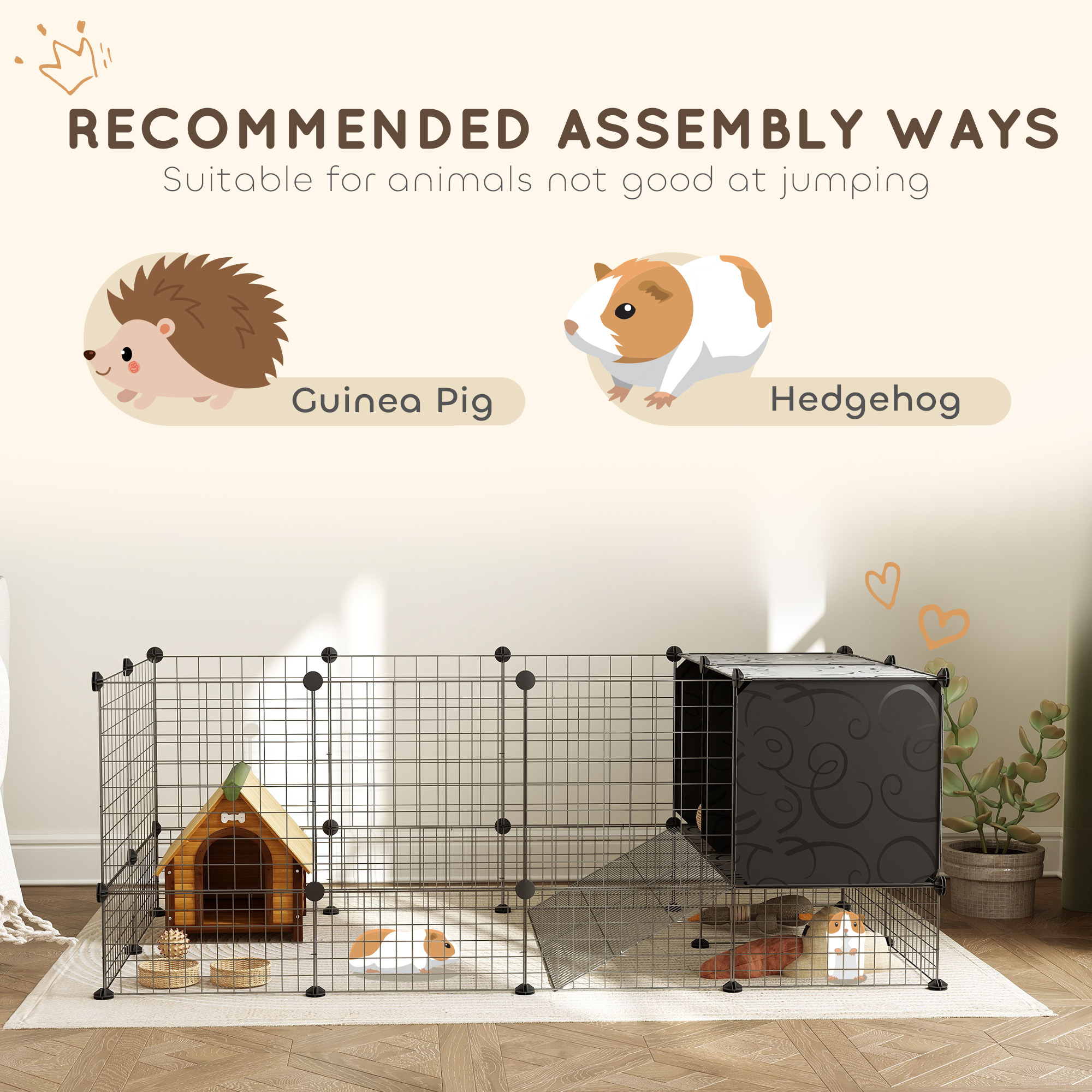 Guinea Pig Cage, Small Animal Playpen with 31 Panels, Elevated Huts, Non-Slip Mats, Black