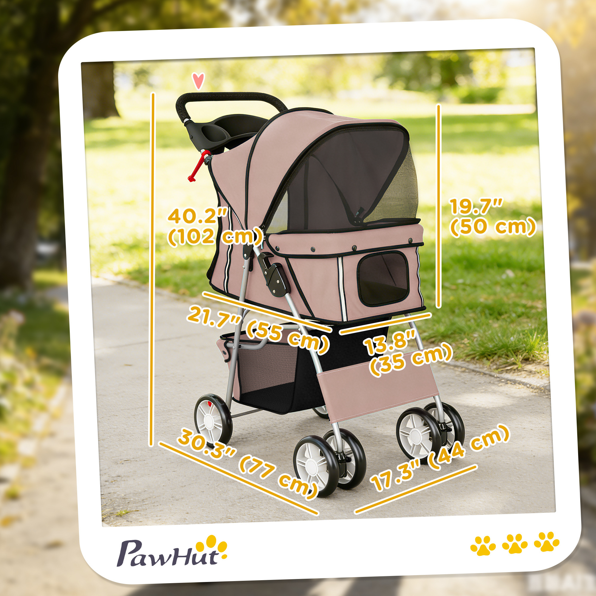 Pet Stroller for Dogs & Cats, Foldable Dog Stroller with Wheels, Reflective Strips, Brake, Pad and Basket, Coffee