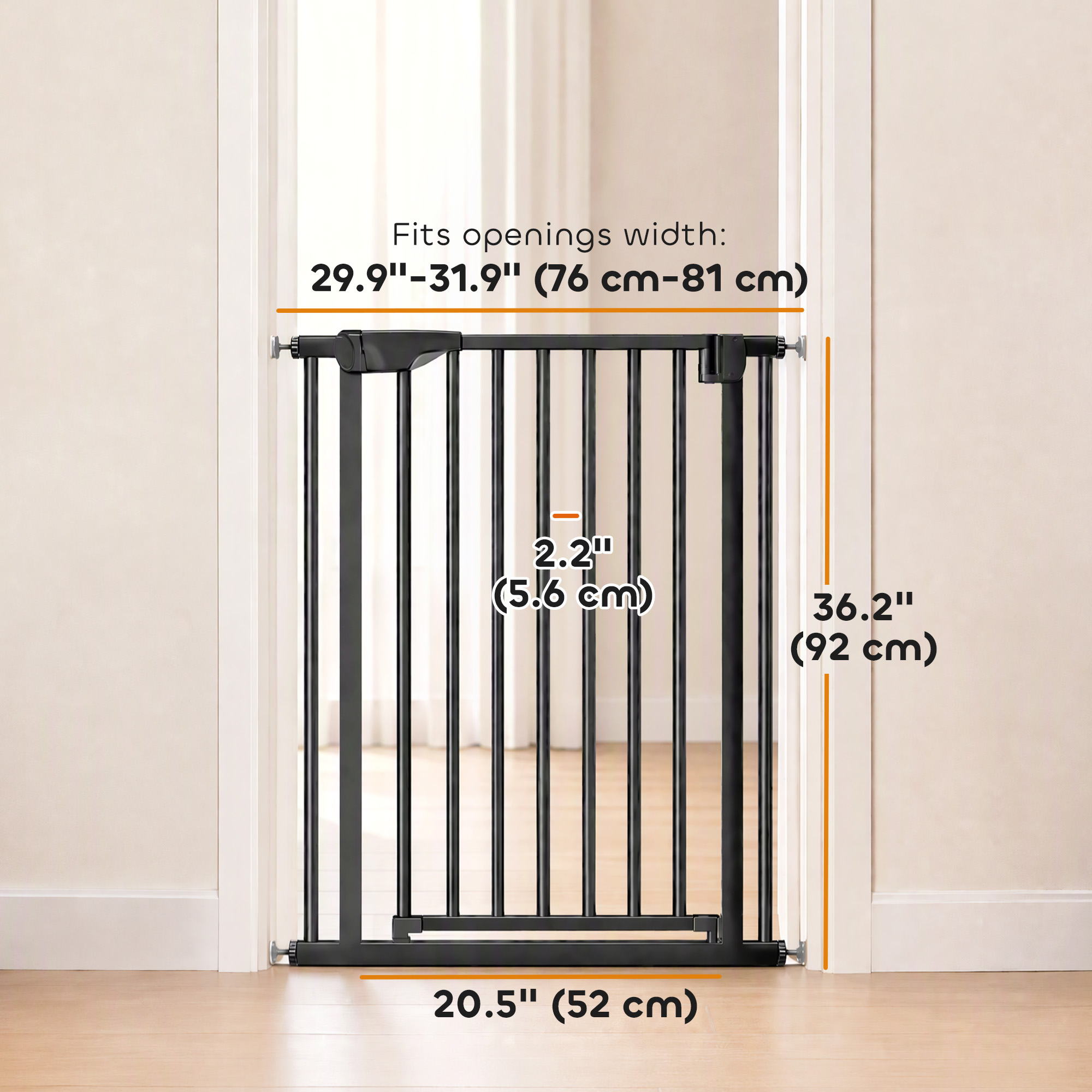 30"-32" Baby Gate, 36"H Pet Gate with Auto-Close, Two-Way Open, Pressure Mounted, Black