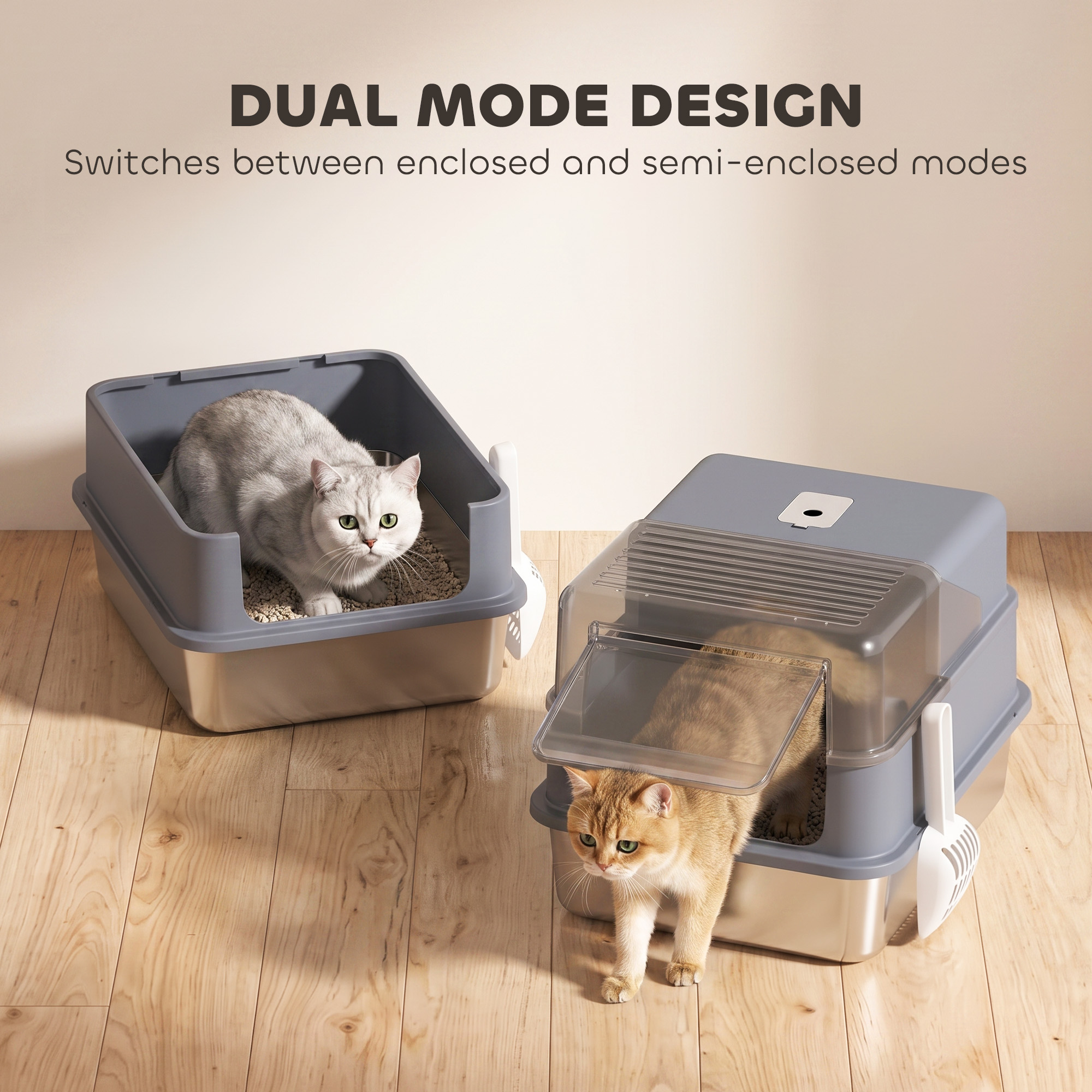 Stainless Steel Cat Litter Box with Lid, High Sided Enclosed Metal Litter Box w/ Scoop, Deodorization Bags for Cats