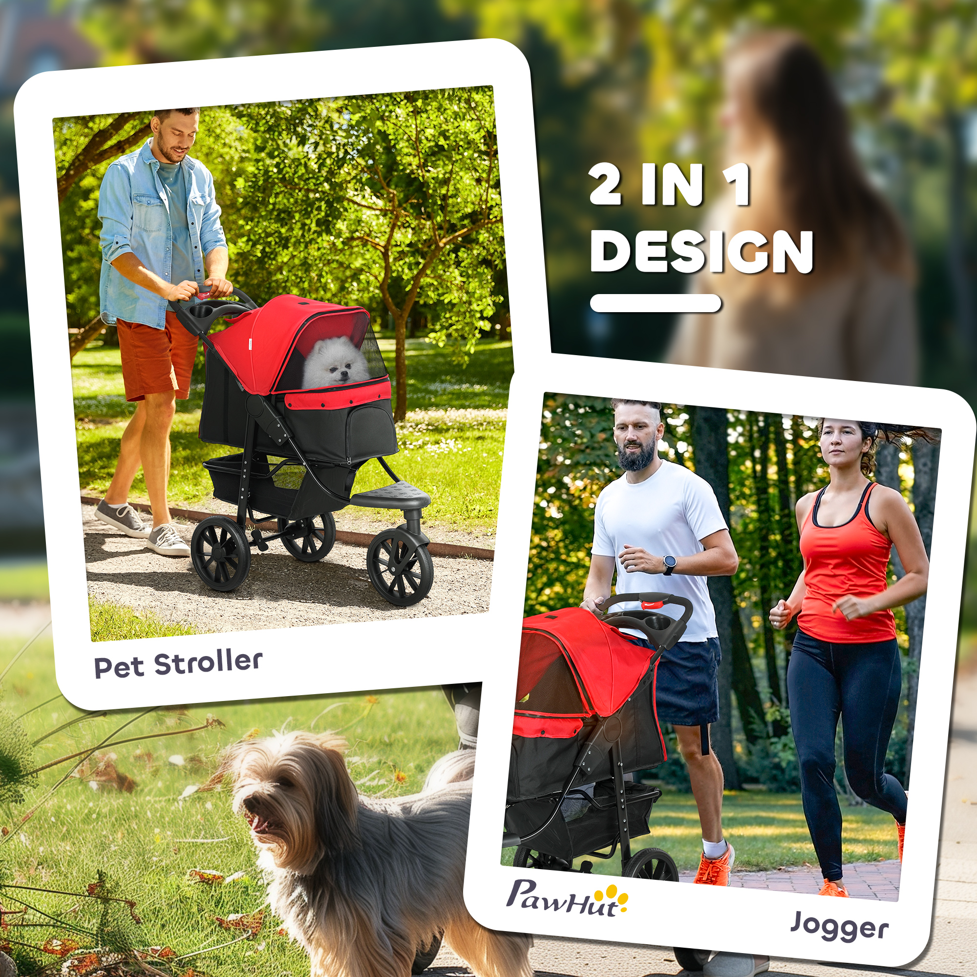 3 Wheel Folding Dog Stroller, Travel Carrier with Adjustable Canopy, Storage Brake, Mesh Window for S&M Dogs, Red