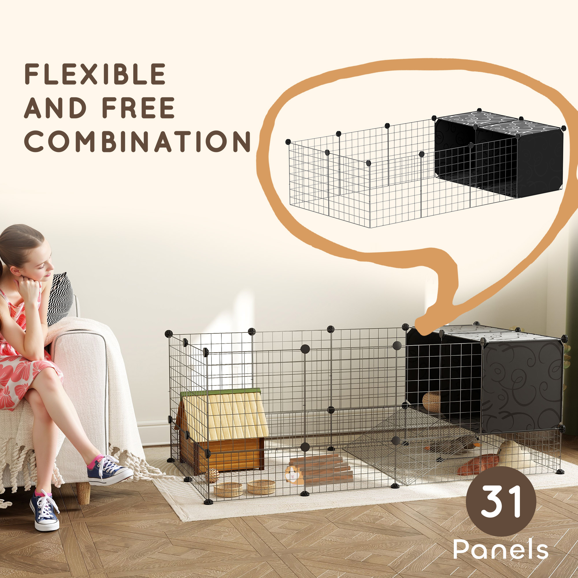 Guinea Pig Cage, Small Animal Playpen with 31 Panels, Elevated Huts, Non-Slip Mats, Black