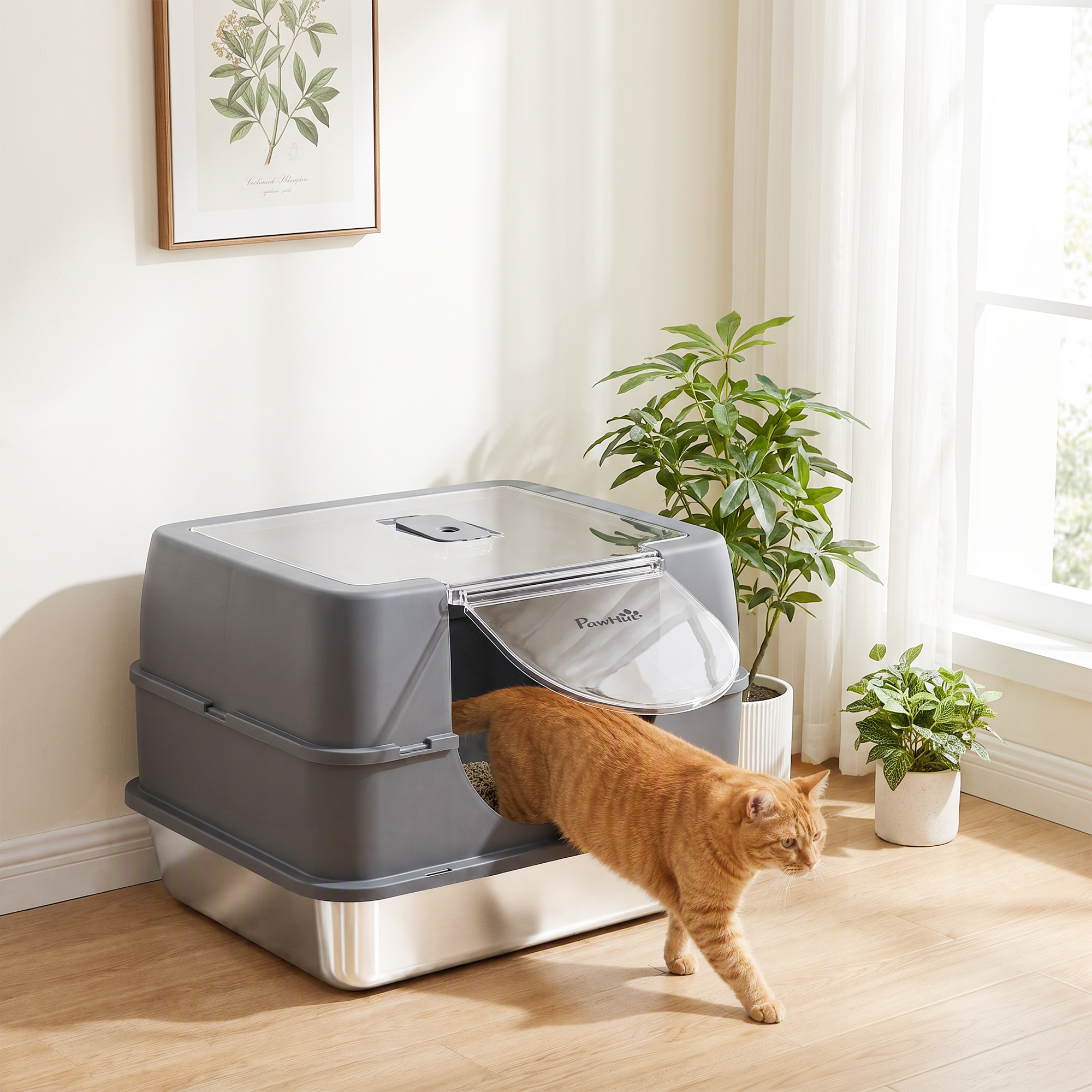 Stainless Steel Cat Litter Box with Lid, High Sided Enclosed Litter Box with Removable Lid, Tray, Scoop