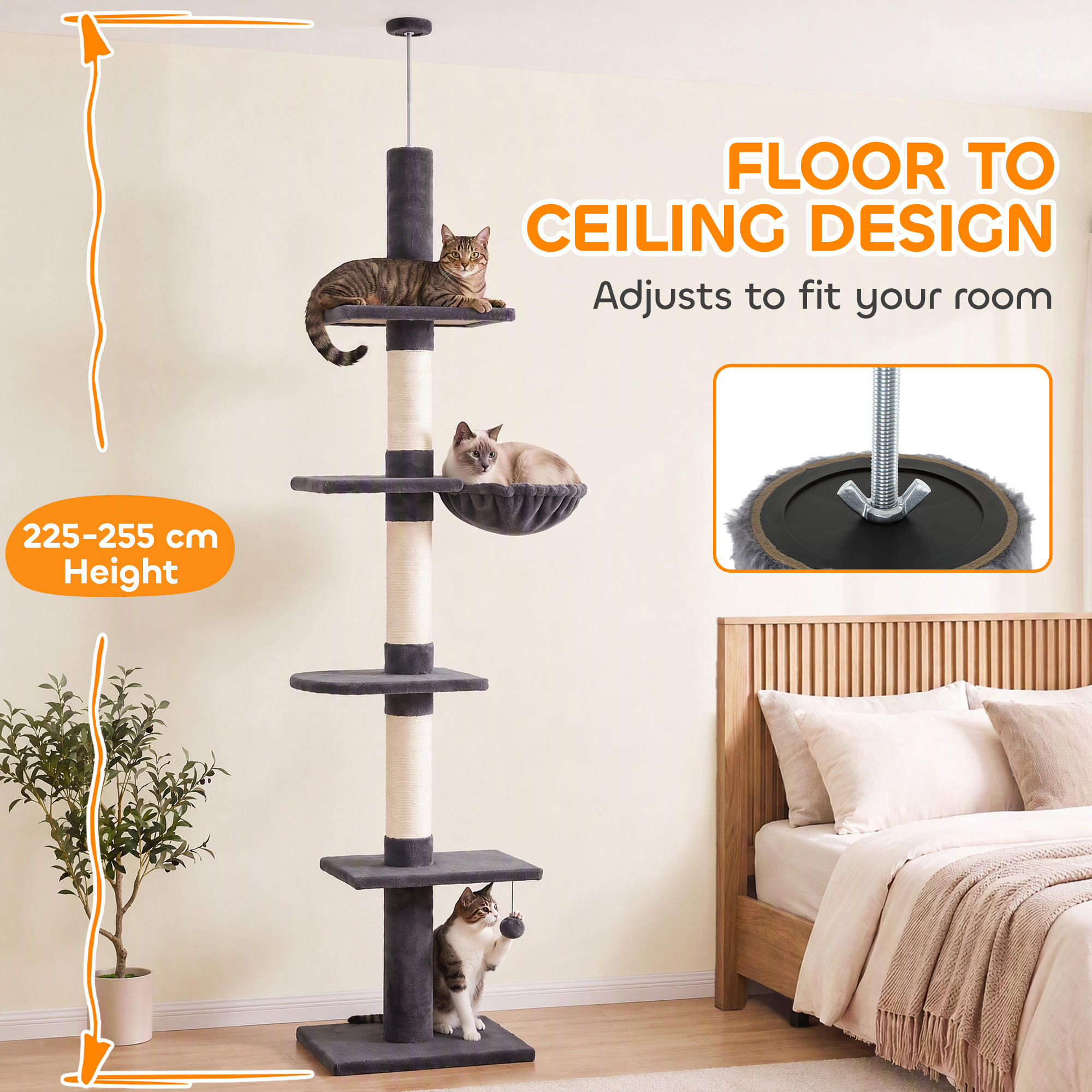 Floor-to-Ceiling Cat Tree 88.6"-100.4" Adjustable, 5-Level Cat Tower with Hammock, 3 Sisal Scratching Posts, Toy Ball