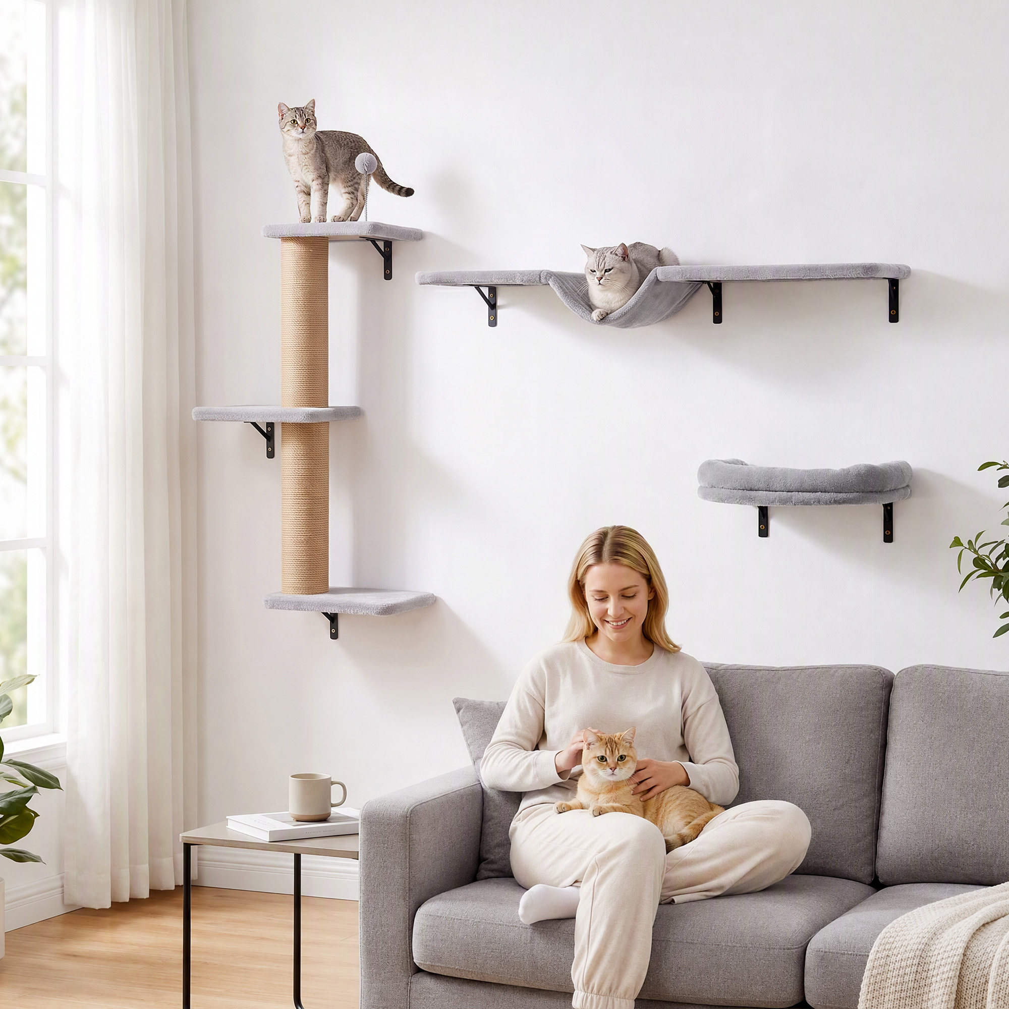 Cat Wall Shelves, 3-in-1 Wall-Mounted Cat Climber Set w/ Bed, Platforms, Hammock, Scratching Posts and Spring Ball