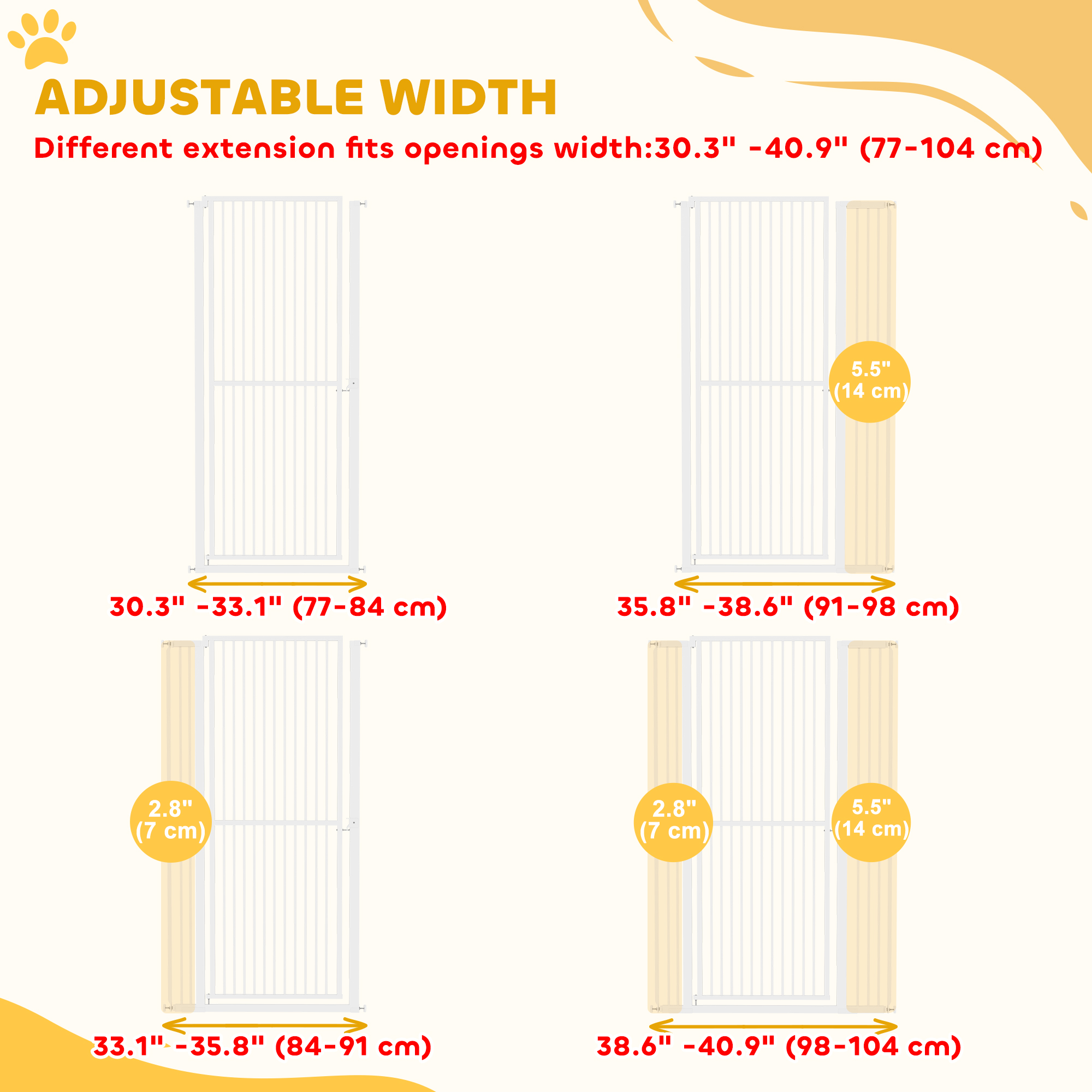 59" Extra Tall Cat Gate, 30"-41" Pet Gate with 2.8" and 5.5" Extensions, for Doorway, Hallway, Stairway, White
