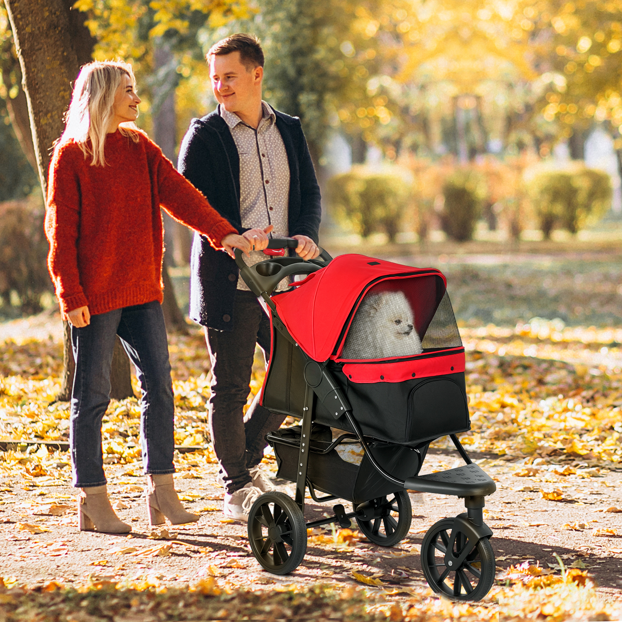3 Wheel Folding Dog Stroller, Travel Carrier with Adjustable Canopy, Storage Brake, Mesh Window for S&M Dogs, Red