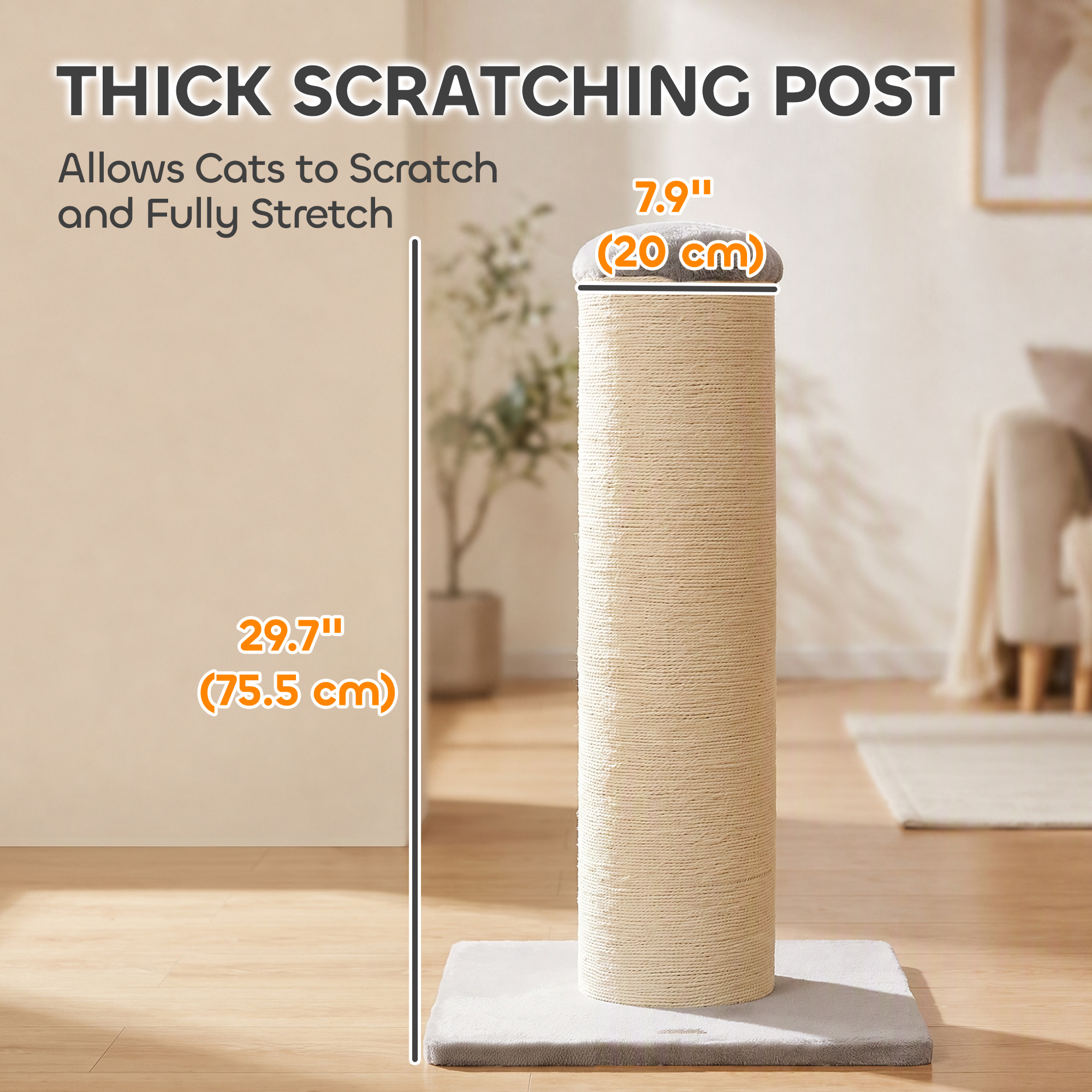 30" Tall Cat Scratching Post, 7.9" Large Diameter Scratch Post with Natural Sisal Rope and Stable Base