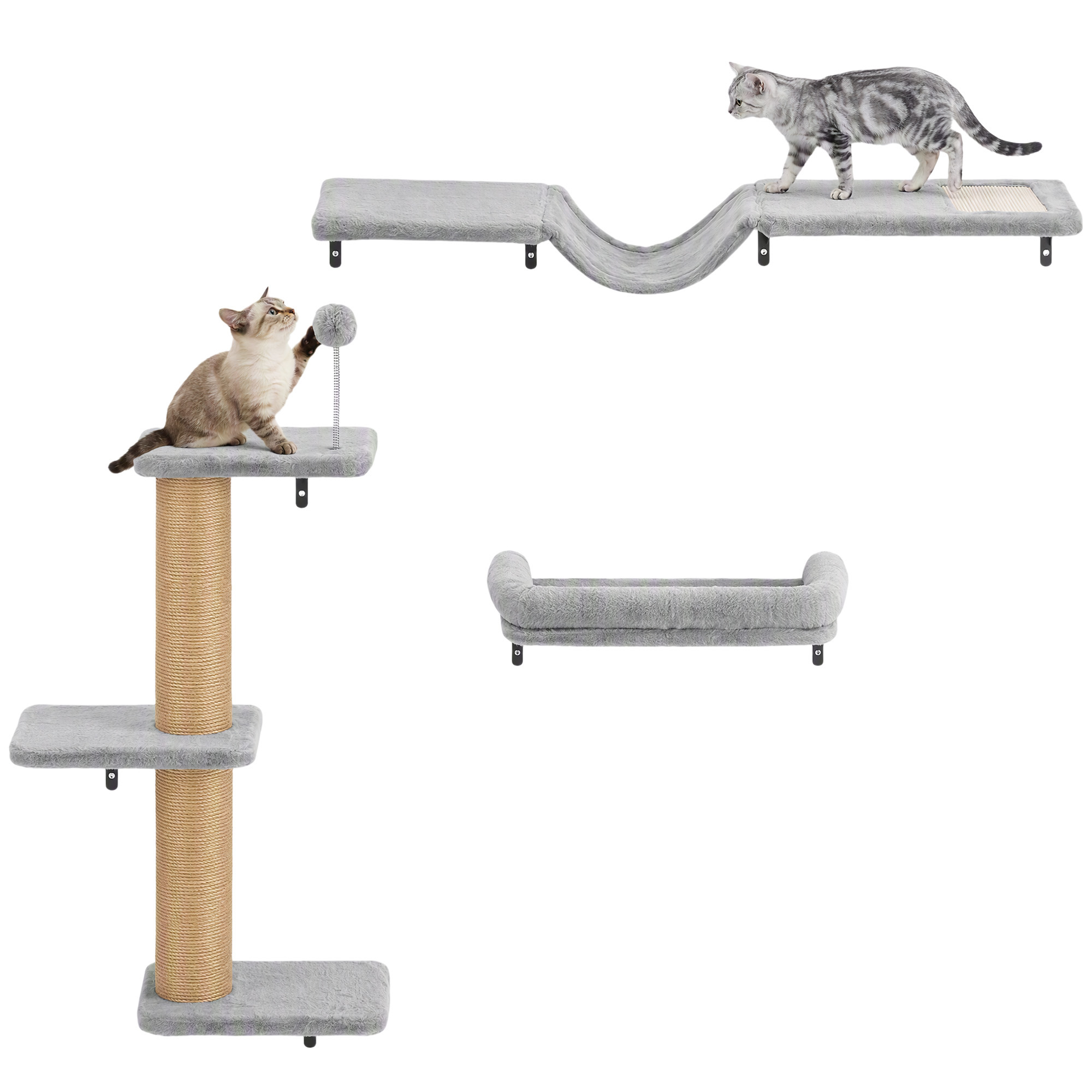 Cat Wall Shelves, 3-in-1 Wall-Mounted Cat Climber Set w/ Bed, Platforms, Hammock, Scratching Posts and Spring Ball