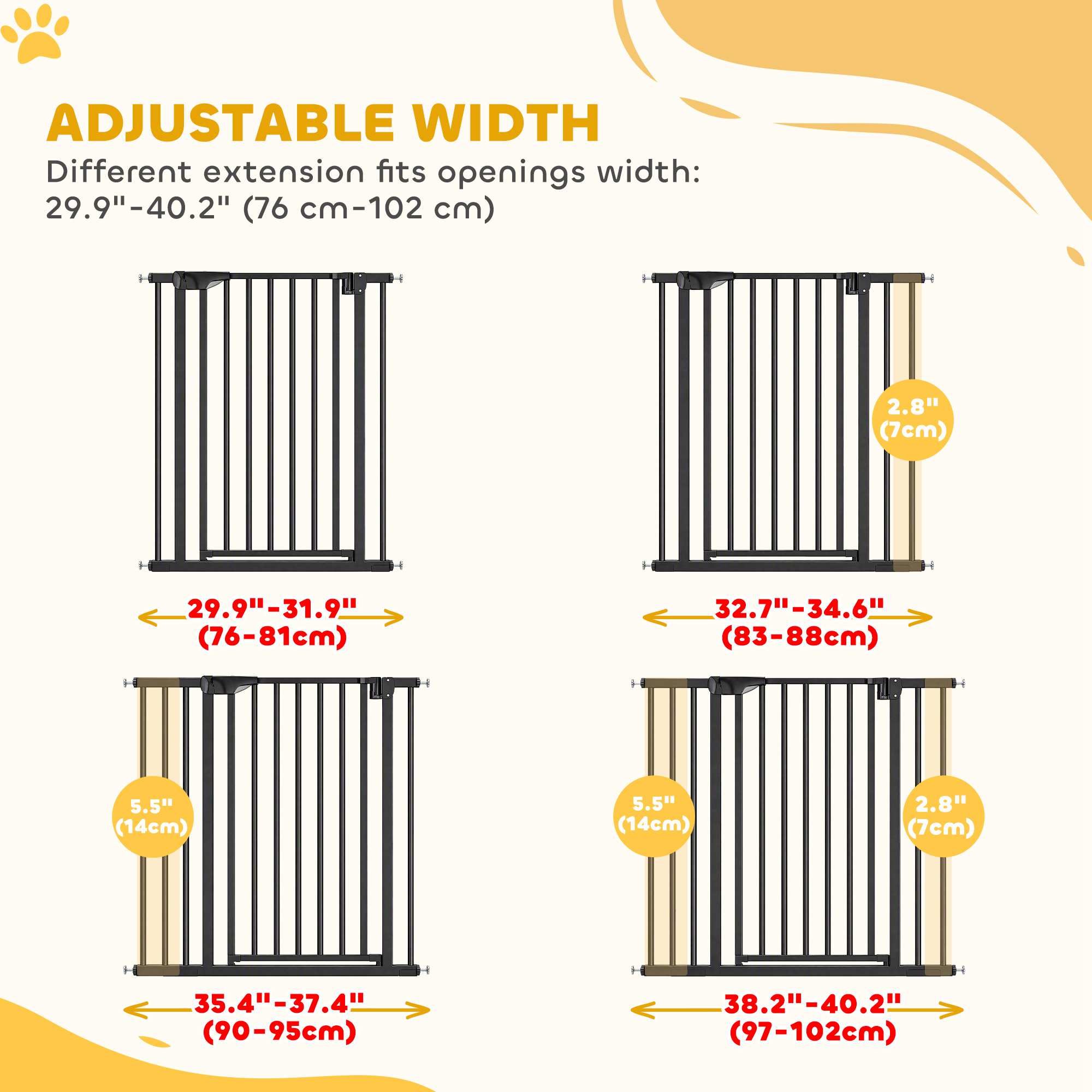 Baby Gate, 30"-32", 33"-35", 35"-37", 38"-40"W Pet Gate with Auto-Close, Two-Way Open, Pressure Mounted