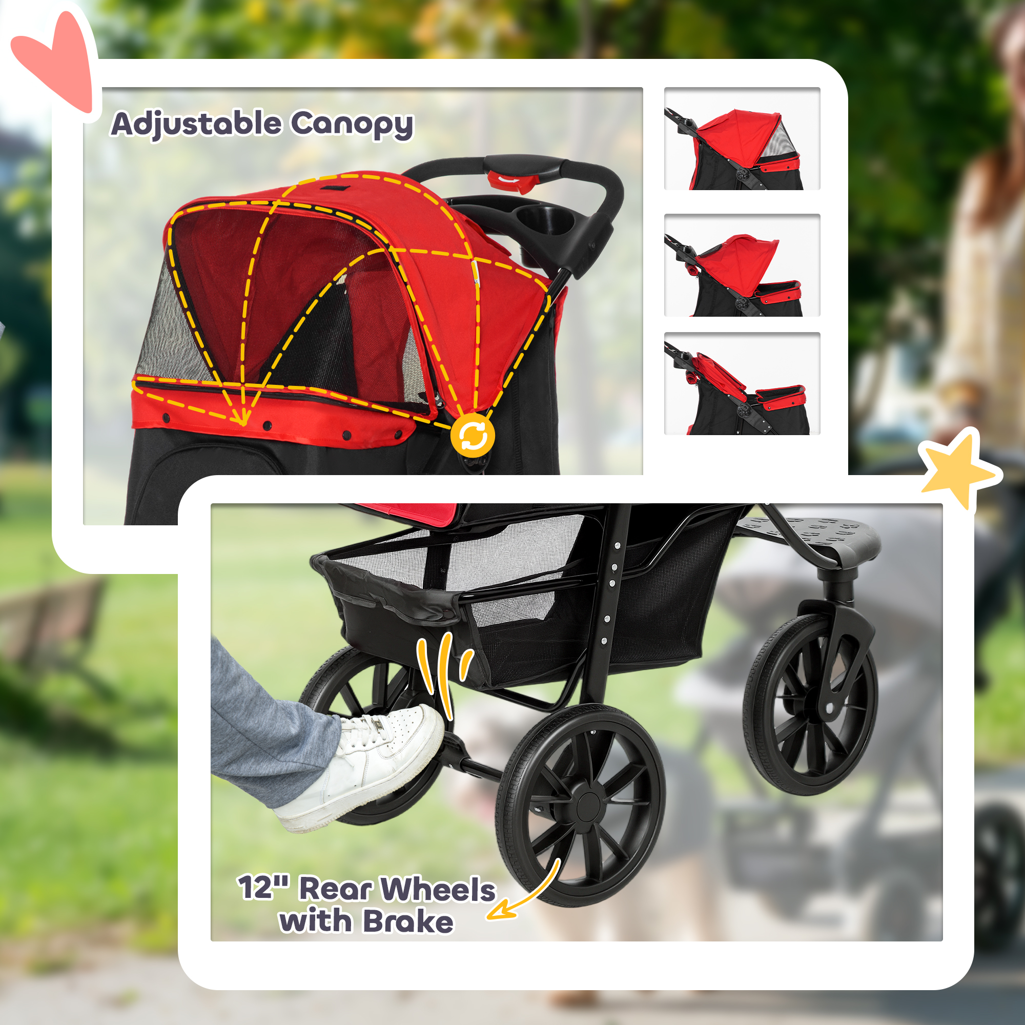 3 Wheel Folding Dog Stroller, Travel Carrier with Adjustable Canopy, Storage Brake, Mesh Window for S&M Dogs, Red