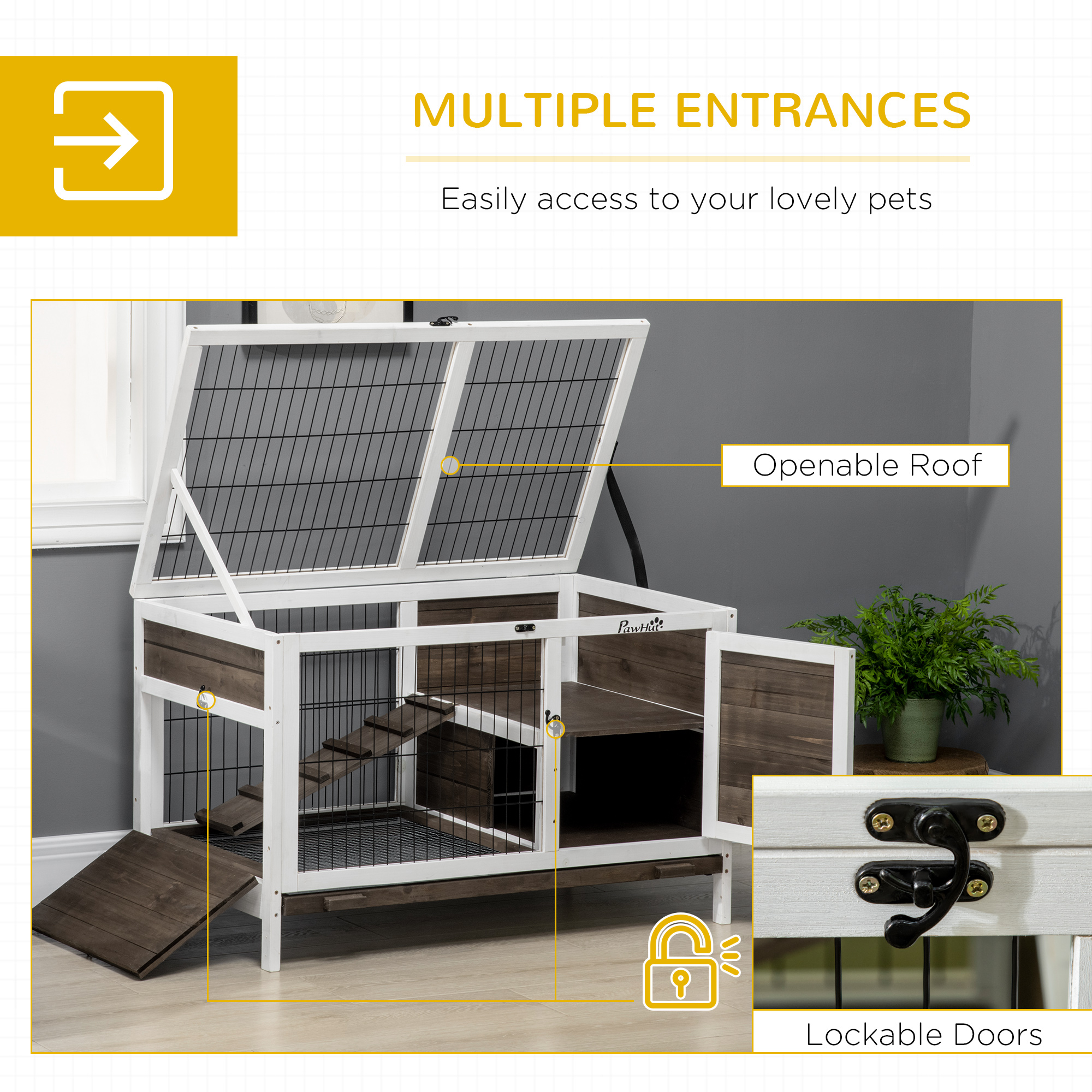 Rabbit Hutch Dual-Height Design Bunny House with Run Slide-Out Tray White and Coffee