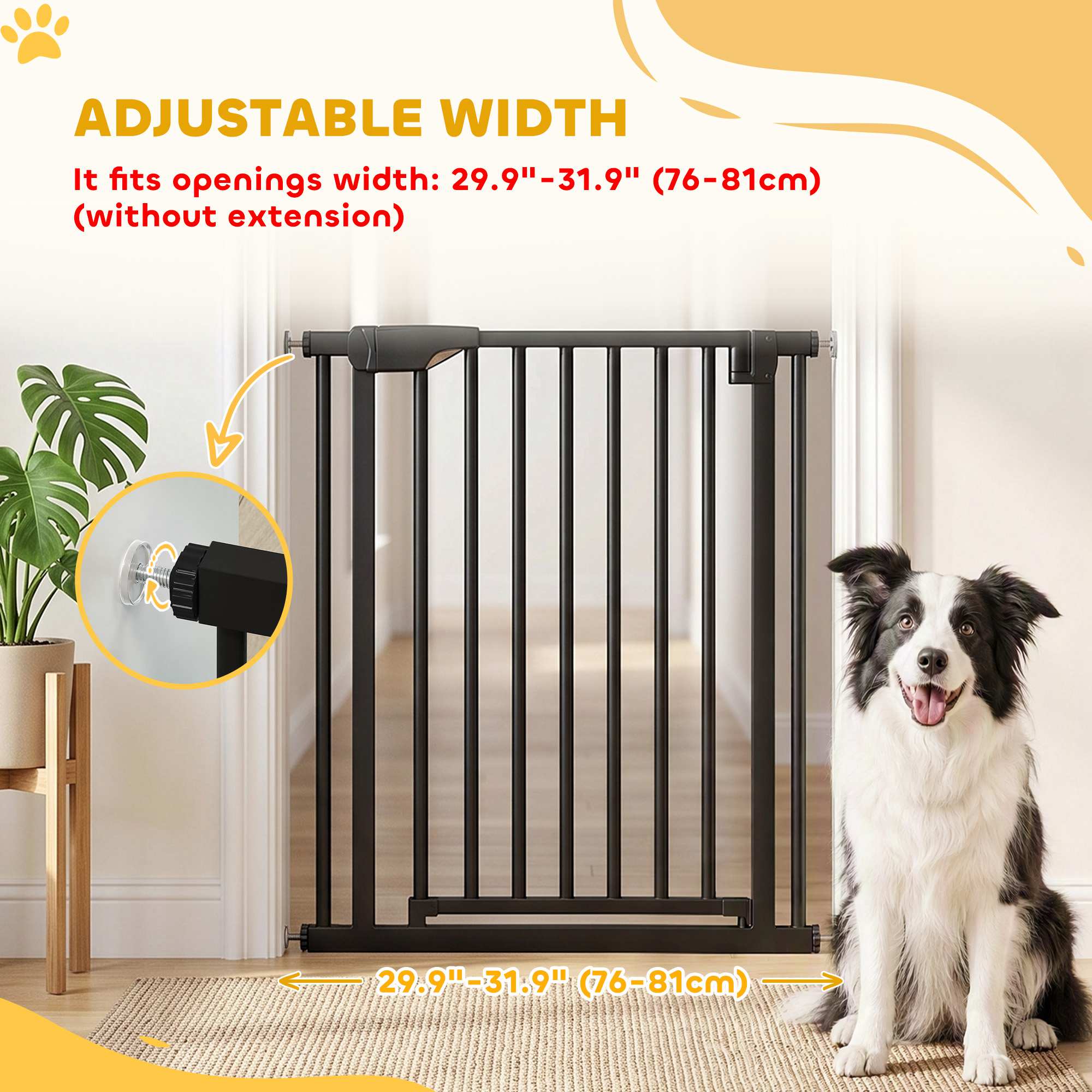 30"-32" Baby Gate, 36"H Pet Gate with Auto-Close, Two-Way Open, Pressure Mounted, Black