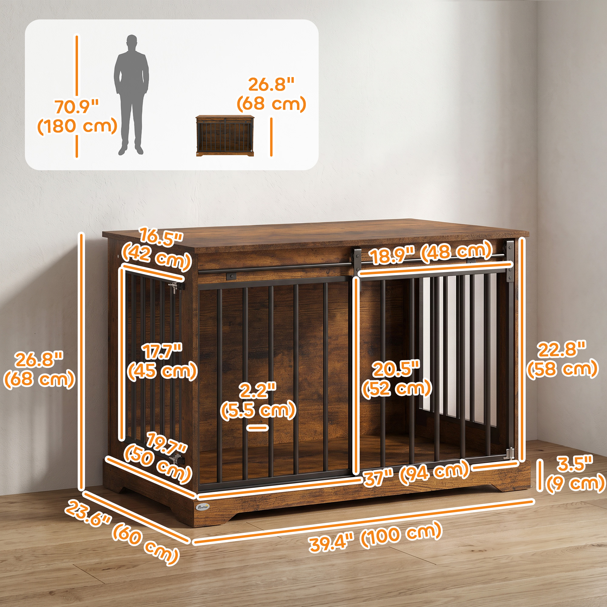 100 cm Dog Crate Furniture with Sliding Barn Door for Large Breeds, Rustic Brown